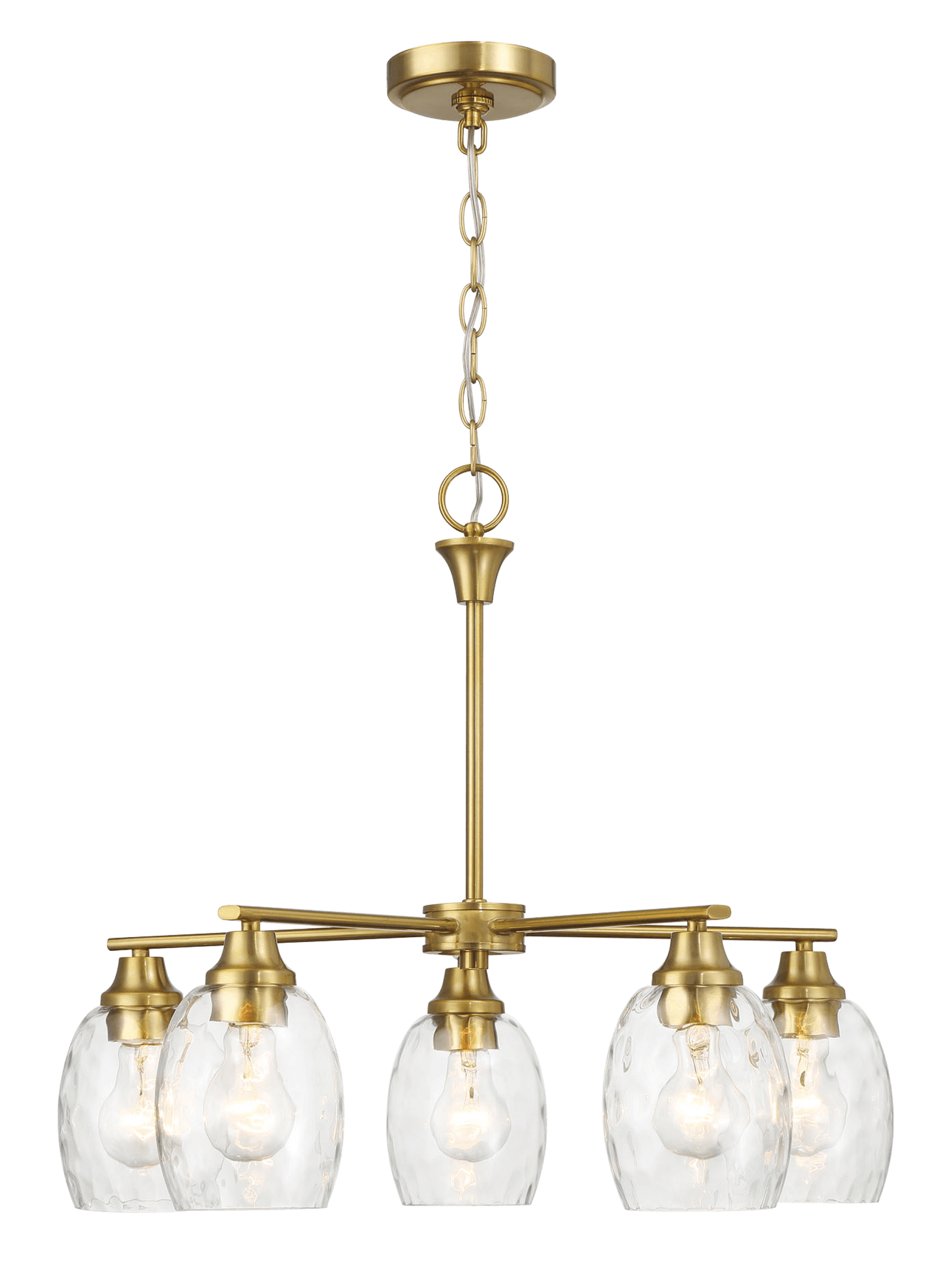 Elegance Five Lights Linear Arms With Golden Brass Finish Chain Chandelier 24"W 8.5"H With Clear Water Glass Clear,Gold Brass,Glass