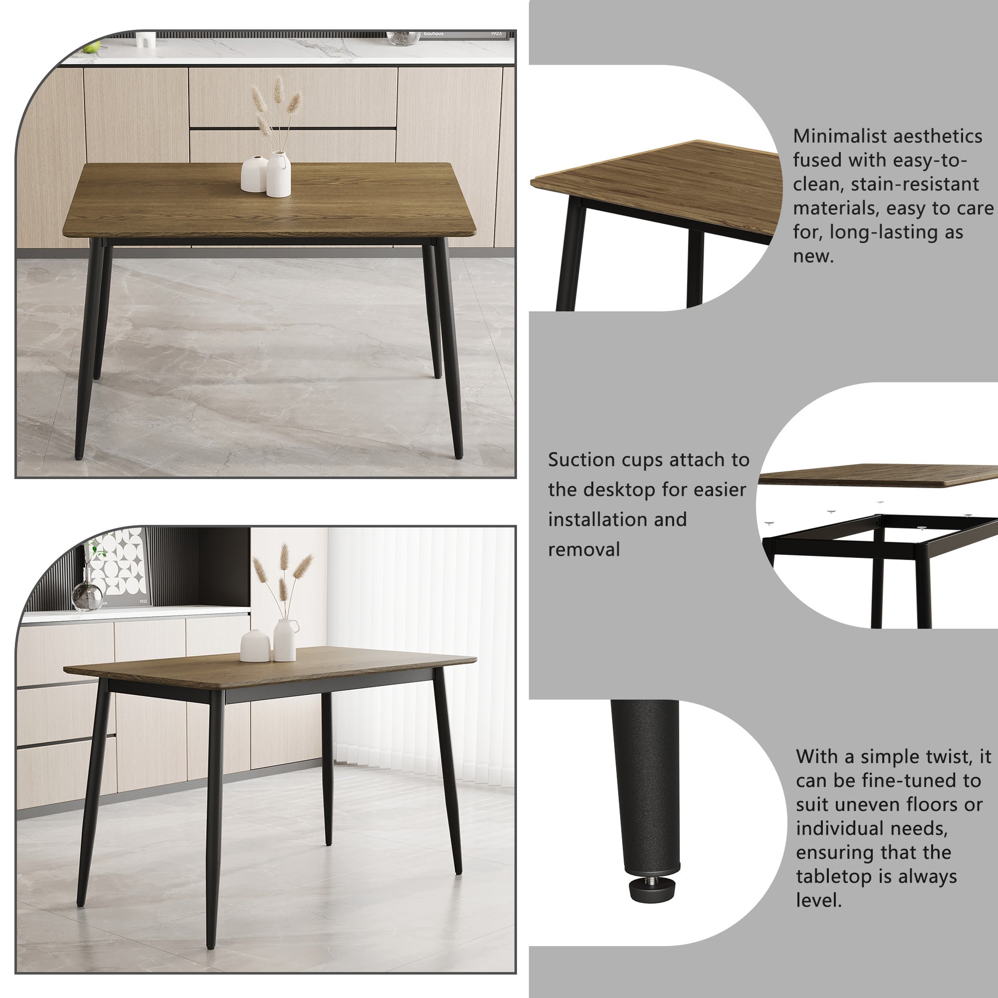 Modern Minimalist Wood Grain Tabletop Dining Table, Stylish Dining Table, Kitchen Dining Table, Sturdy And Durable, Easy To Assemble, Black Metal Leg Design, Suitable For 4 6 People, Suitable For