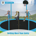 14Ft Trampoline For Kids With Safety Enclosure Net, Basketball Hoop And Ladder, Easy Assembly Round Outdoor Recreational Trampoline Blue Metal