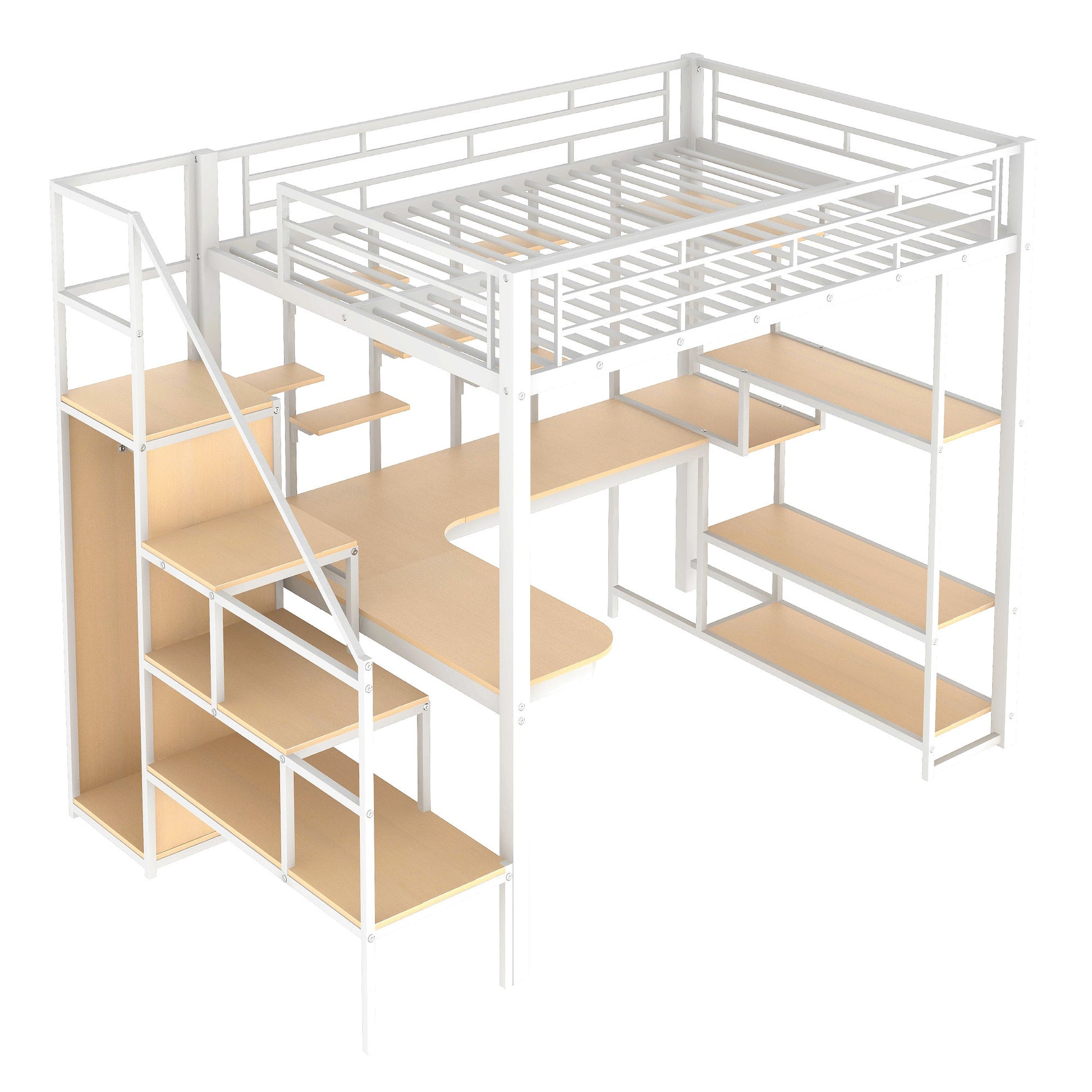 Full Size Metal Loft Bed With Storage Staircase And Small Wardrobe, Built In Desk And Storage Shelves, White Full White Metal