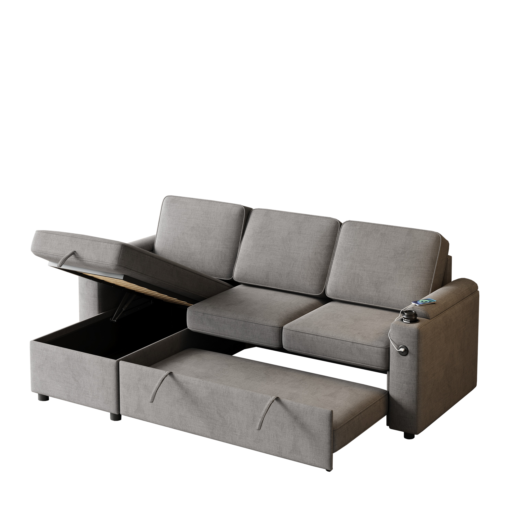 Mh85.8" Sleeper Sofa, Sofa Bed 2 In 1 Pull Out Sofa Bed With Storage Sofa, Sofa Sleeper With Pull Out Bed With Charging Port Dark Grey Polyester Primary Living Space Eucalyptus Polyester Fabric 3