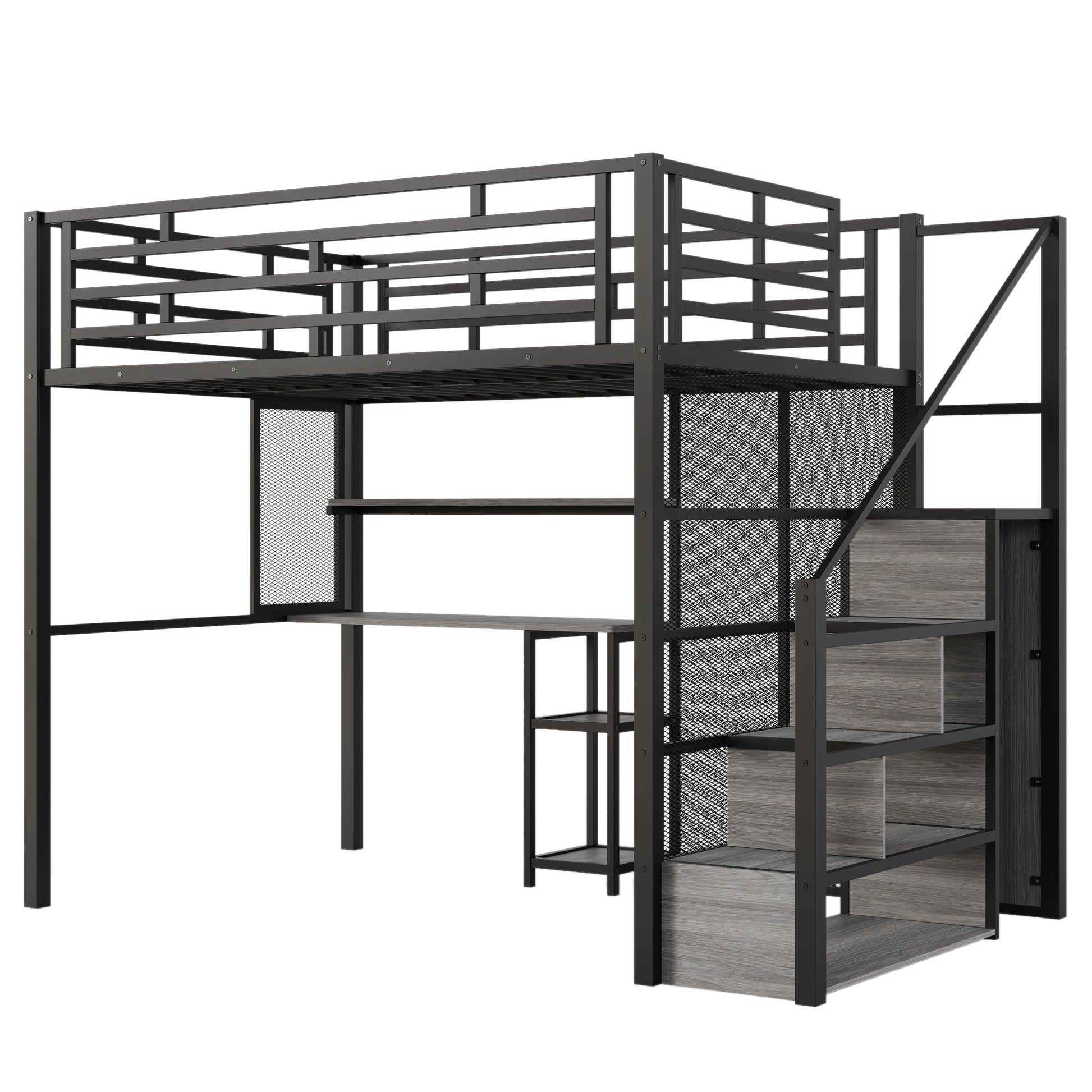 Full Size Metal Loft Bed With Wardrobe, Desk, Storage Shelves, Black Expected Arrival Time: 10.3 Box Spring Not Required Full Black Metal Mdf Metal