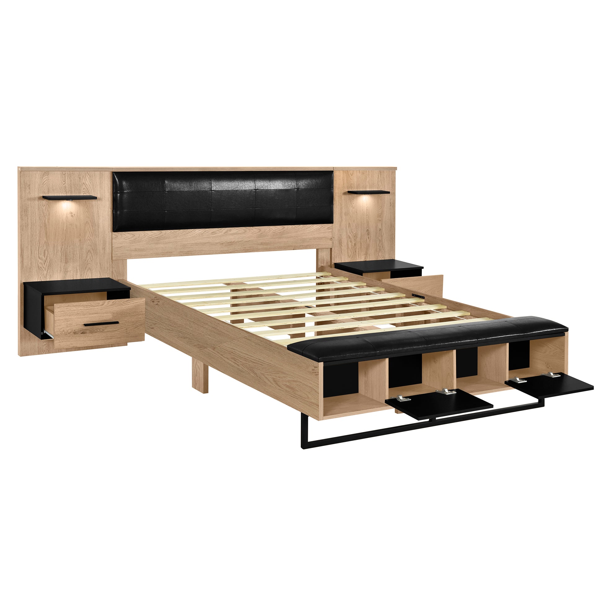 Queen Size Wood Platform Bed With Upholstered Headboard, Lights And Storage Nightstand, Bench, Walnut Box Spring Not Required Queen Walnut Wood Bedroom Bed Frame Faux Leather Solid Wood Mdf