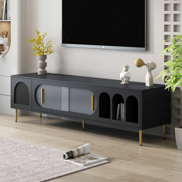 Modern Tv Stand For Up To 70 Inch Tv, Entertainment Center Tv Media Console Table, With 3 Shelves And 2 Cabinets, Tv Console Cabinet Furniture For Living Room Old Sku: Wf314645Aab Black 60 69 Inches Mdf