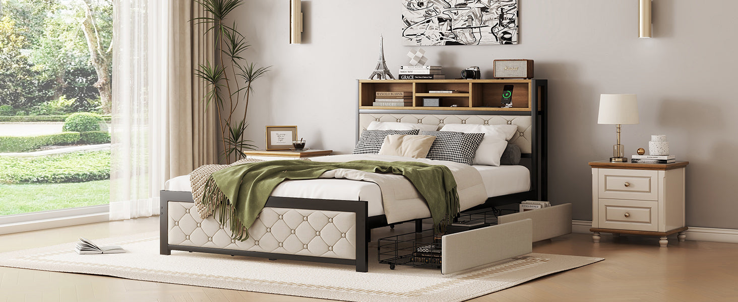 Metal Full Size Platform Bed With 4 Drawers, Upholstered Headboard And Footboard, Sockets And Usb Ports, Beige Full Beige Black Fabric Metal