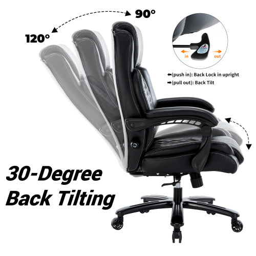 Executive Office Chair 400Lbs Heavy Duty Office Chair, Wide Seat Bonded Leather Office Chair With 30 Degree Back Tilt & Lumbar Support Black Caster Iron Black Office Dry Clean Round Handle Office Chairs Solid Back Casters Leather