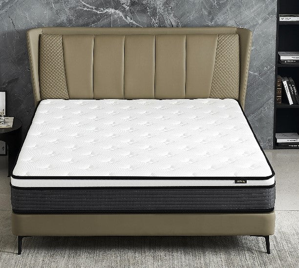 Hybrid 10 Inch Queen Mattress In A Box, Pillow Top Bed Cushion Withand Hypoallergenic Design, Medium Firm For Lumbar Support White Gray Foam Spring Queen