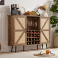 Oak Color Faux Rattan Barn Door Wine Cabinet With Wine Rack And Wine Glass Rack, Double Door Design With Removable Shelves, Rustic Wood Storage Cabinet Oak Particle Board Mdf