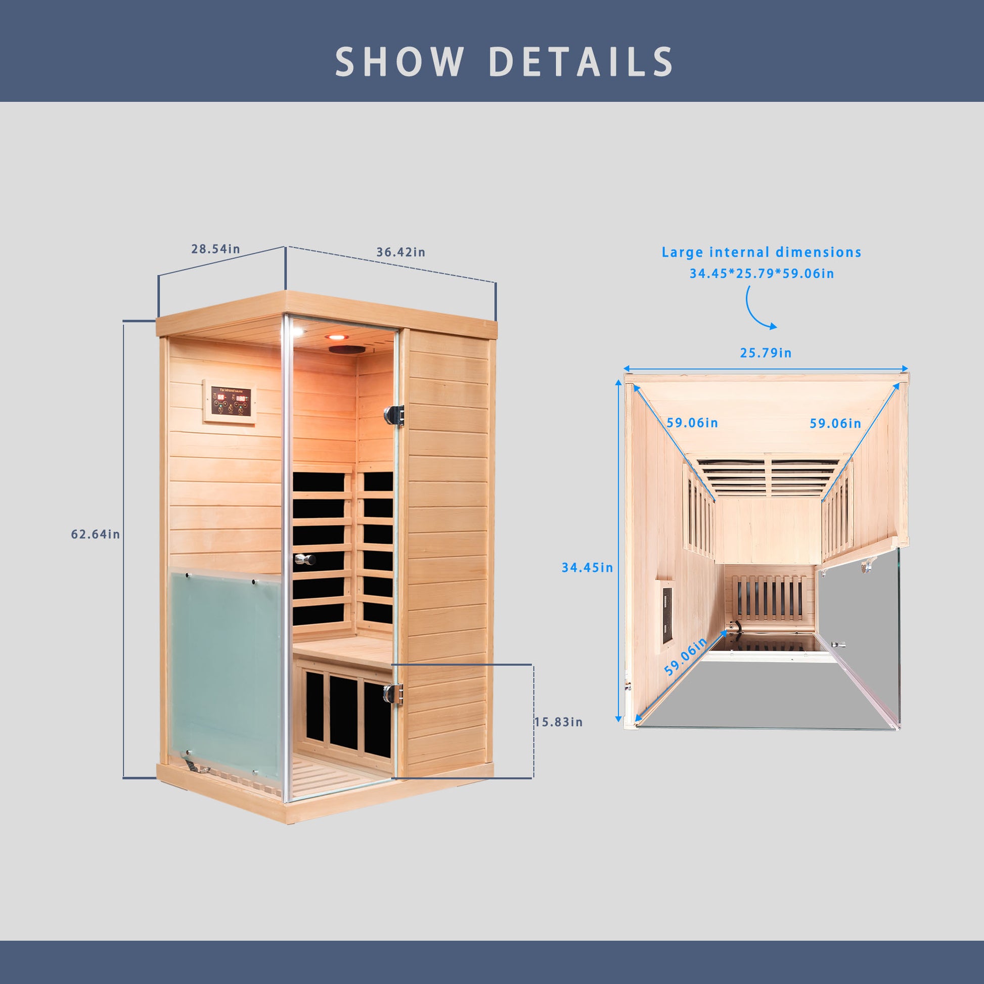 Large Glass Mini Hemlock Sauna With Left Door Opening Natural Wood Metal & Wood