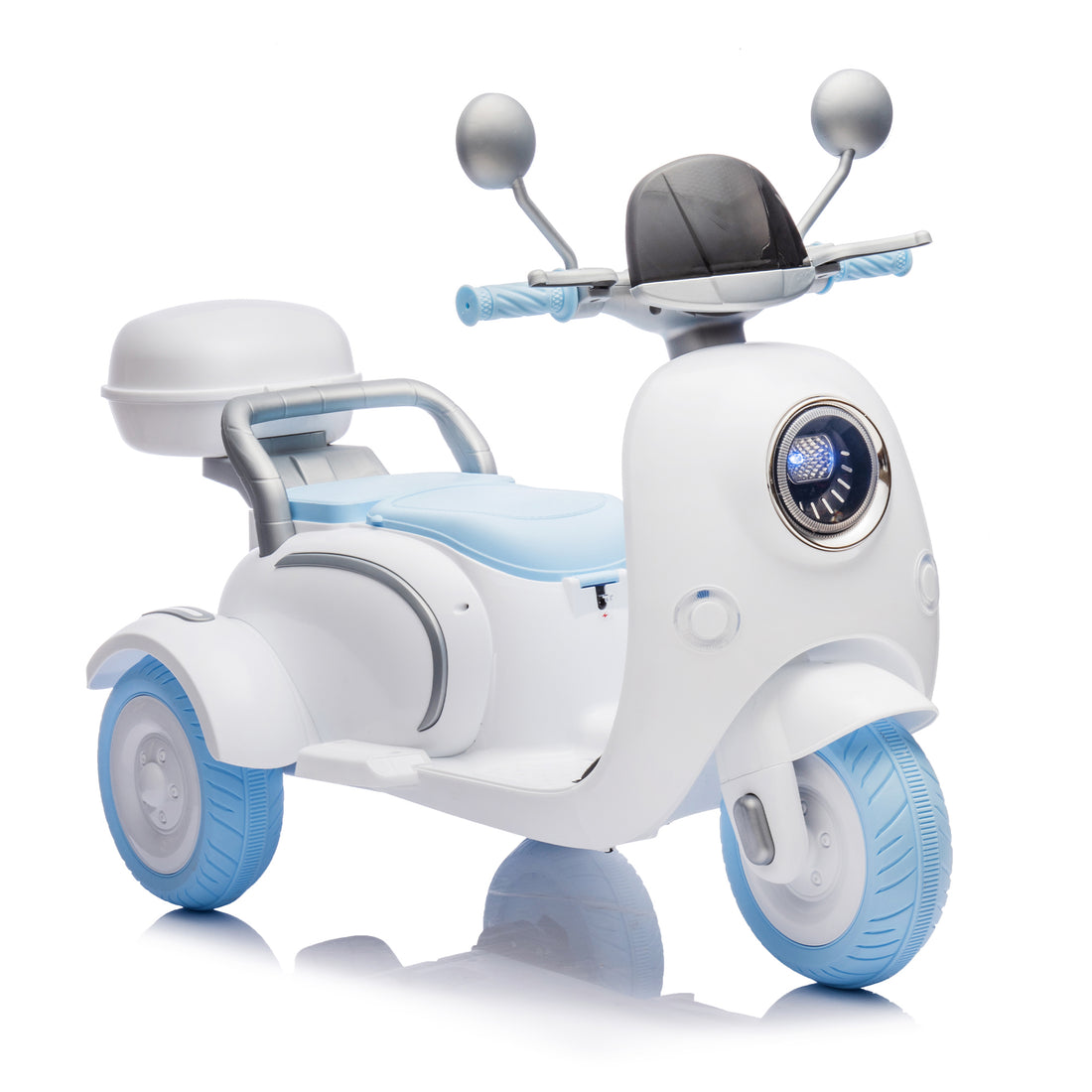 12V Two Seater Kids Ride On Electric Motorcycle,Three Wheels Kids Toy With Slow Start,Multi Function Player,Usb,Bluetooth, Light,Backseat Flip Adult Seat, Oversized Storage Box For Kids Aged 3 6. Blue 100 149 Lbs Polypropylene