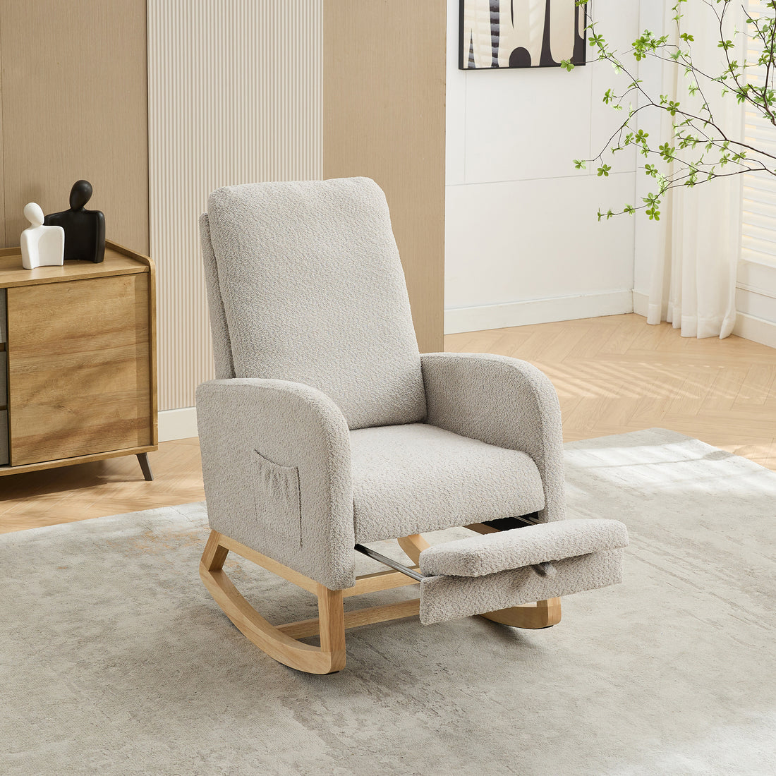 25.4"W Rocking Chair For Nursery, High Back Glider Chair With Retractable Footrest, Side Pocket, Rocking Accent Armchair With Rubber Wood Legs For Living Room Bedroom.Light Gray Light Gray Boucle