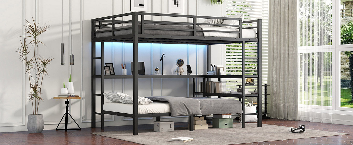 Full Xl Over Twin Bunk Bed With Desk And Shelves, Multiple Placement, With Led And Usb, Black Black Metal