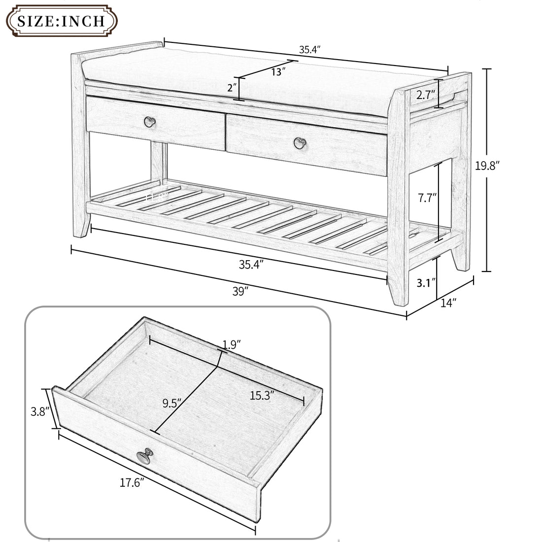 Shoe Rack With Cushioned Seat And Drawers, Multipurpose Entryway Storage Bench Gray Wash Gray Wash Solid Wood