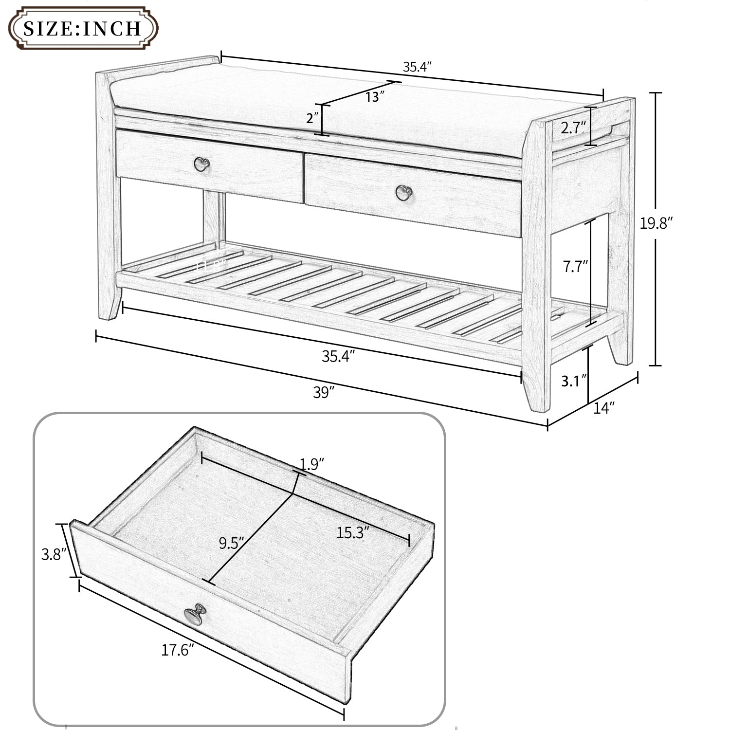 Shoe Rack With Cushioned Seat And Drawers, Multipurpose Entryway Storage Bench Old Pine Old Pine Solid Wood