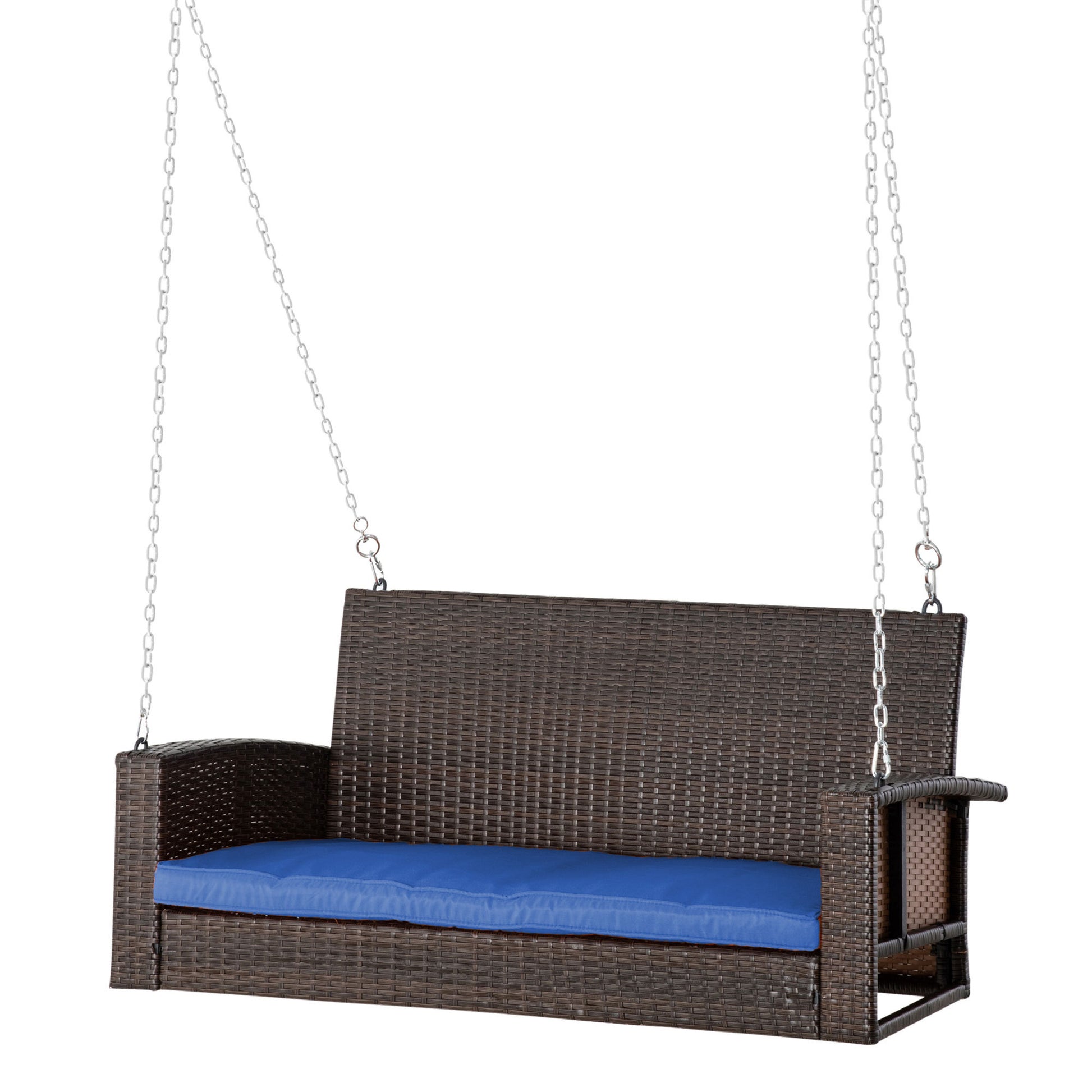 Outsunny 2 Person Wicker Hanging Swing Bench, Front Porch Swing Outdoor Chair With Cushions 550 Lbs. Weight Capacity For Backyard, Garden, Blue Blue Rattan Metal