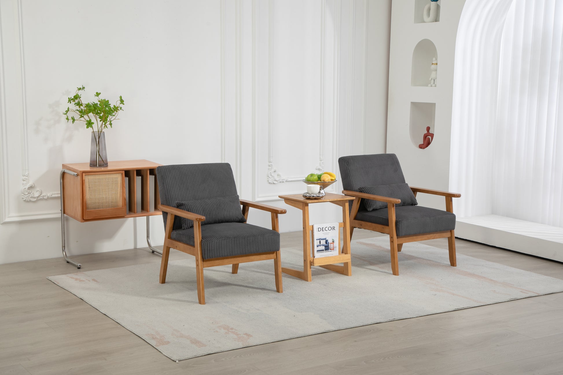 Leisure Chair With Solid Wood Armrest And Feet, Leisure Chair, Wood Frame, Velvet, L, Solid Rubber Wood Legs, Mid Century Modern Accent Chair, For Living Room Bedroom Studio Chair,Two Packs Dark Gray Corduroy