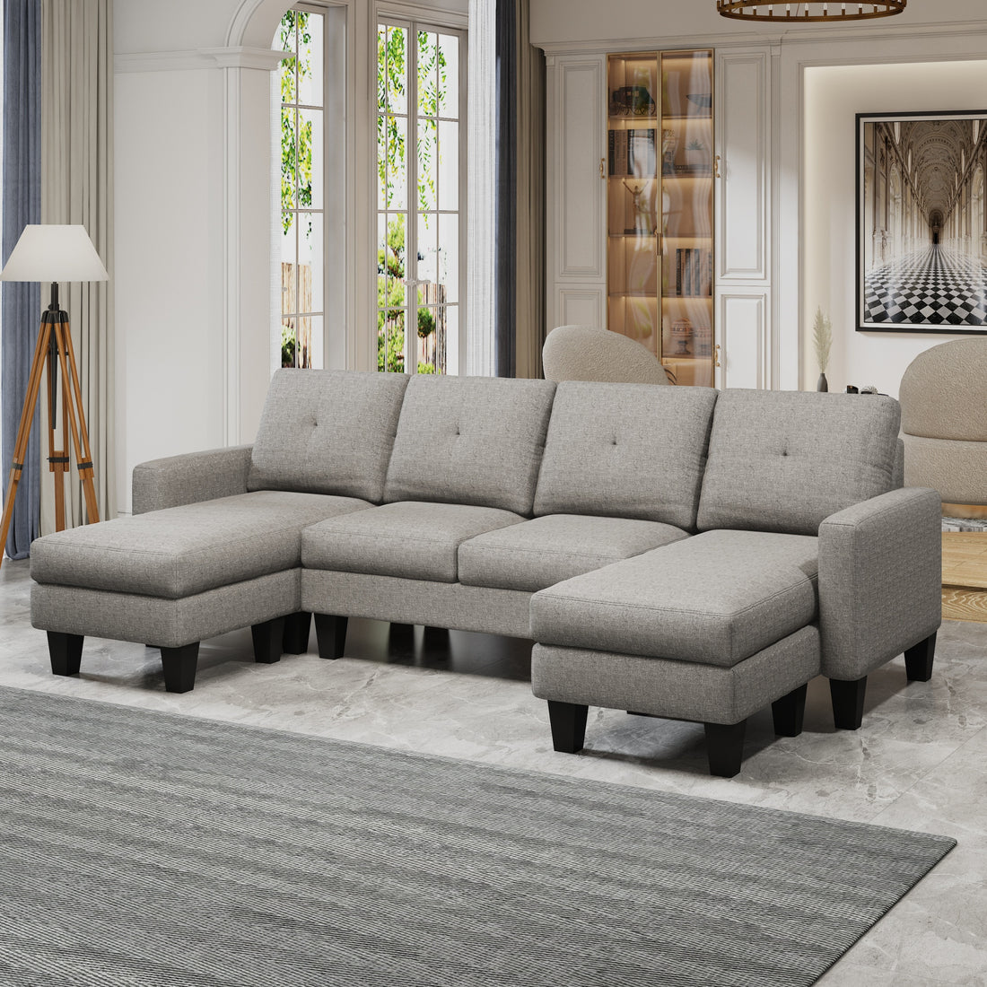 U Shaped Sofa Coch 4 Seat Sofa With Chaise Polyester Fabric For Living Room Apartment Office Light Grey Light Gray Primary Living Space Soft Eucalyptus Foam Linen 4 Seat