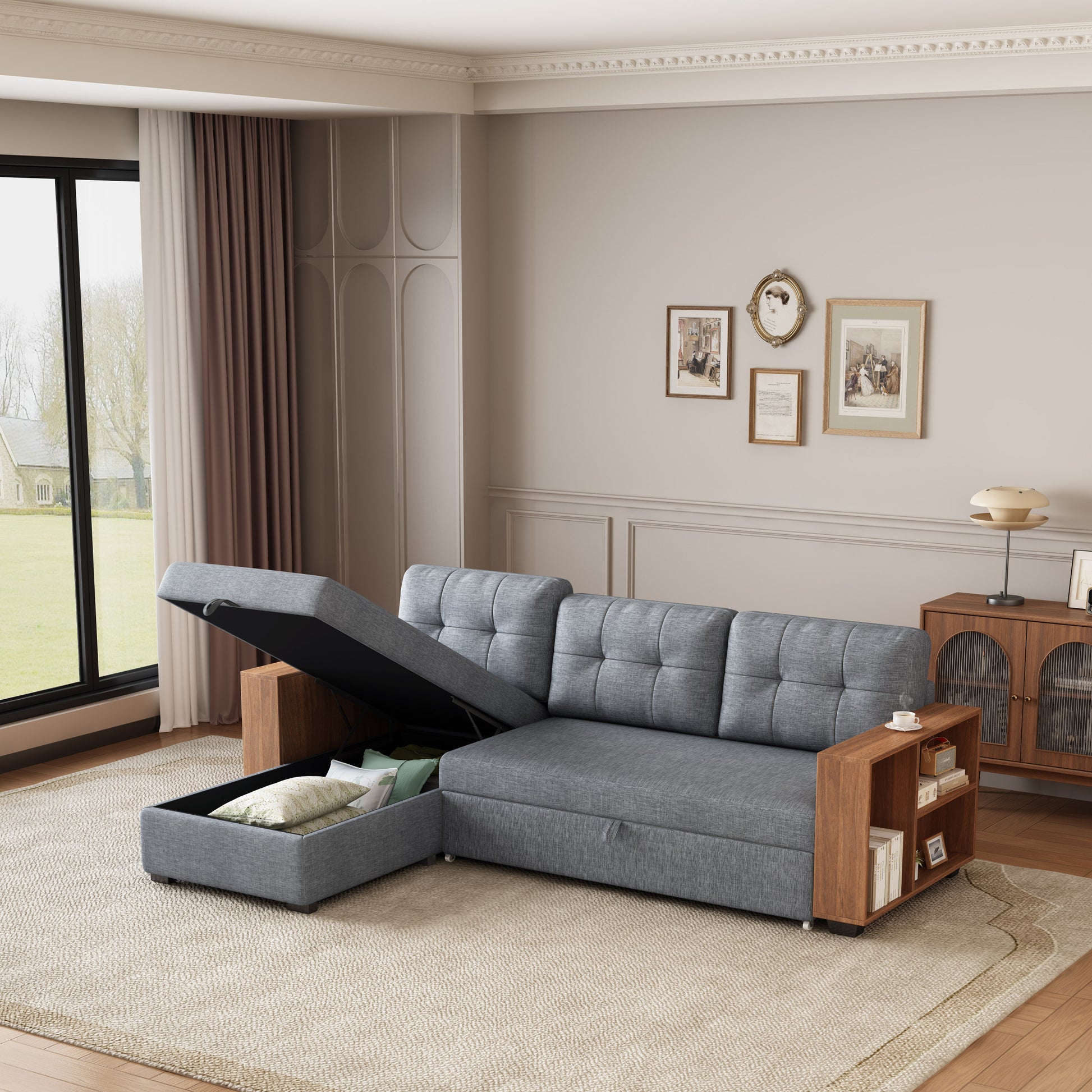 Upholstered Pull Out Sectional Sofa With Storage Chaise, Convertible Corner Couch, Light Grey Wooden Handrail Light Grey Wood Medium Soft Pillow Back Modern Square Arms Linen 3 Seat