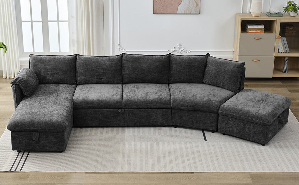 146.9" L Shaped Sofa Sectional Sofa Couch Pull Out Sofa Bed With A Movable Storage Ottoman, A Storage Chaise Lounge And Two Usb Ports For Living Room, Grey Grey Foam Linen 5 Seat