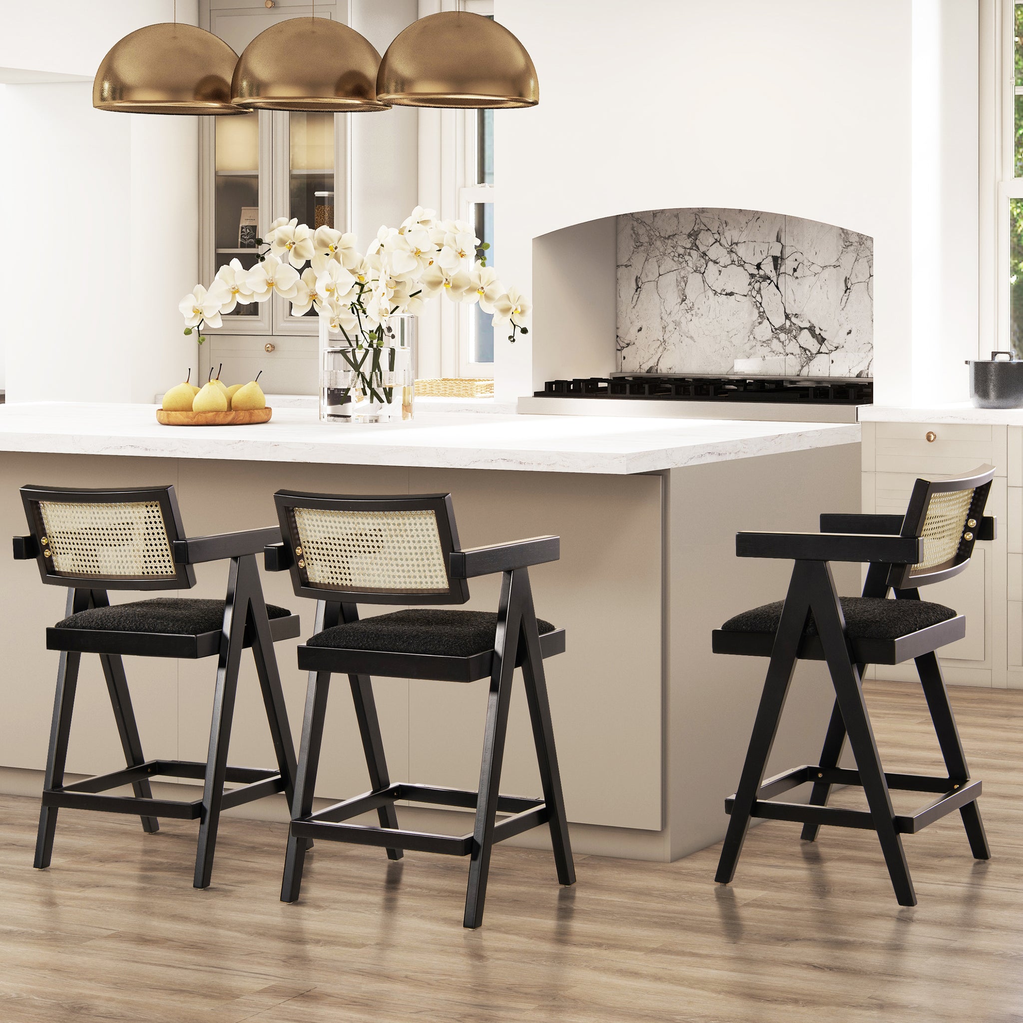 Milan 25.5" Modern Resin Webbing Back Bar Stool With Arms, Set Of 3, Ebony Black Boucle Black Foam Boucle