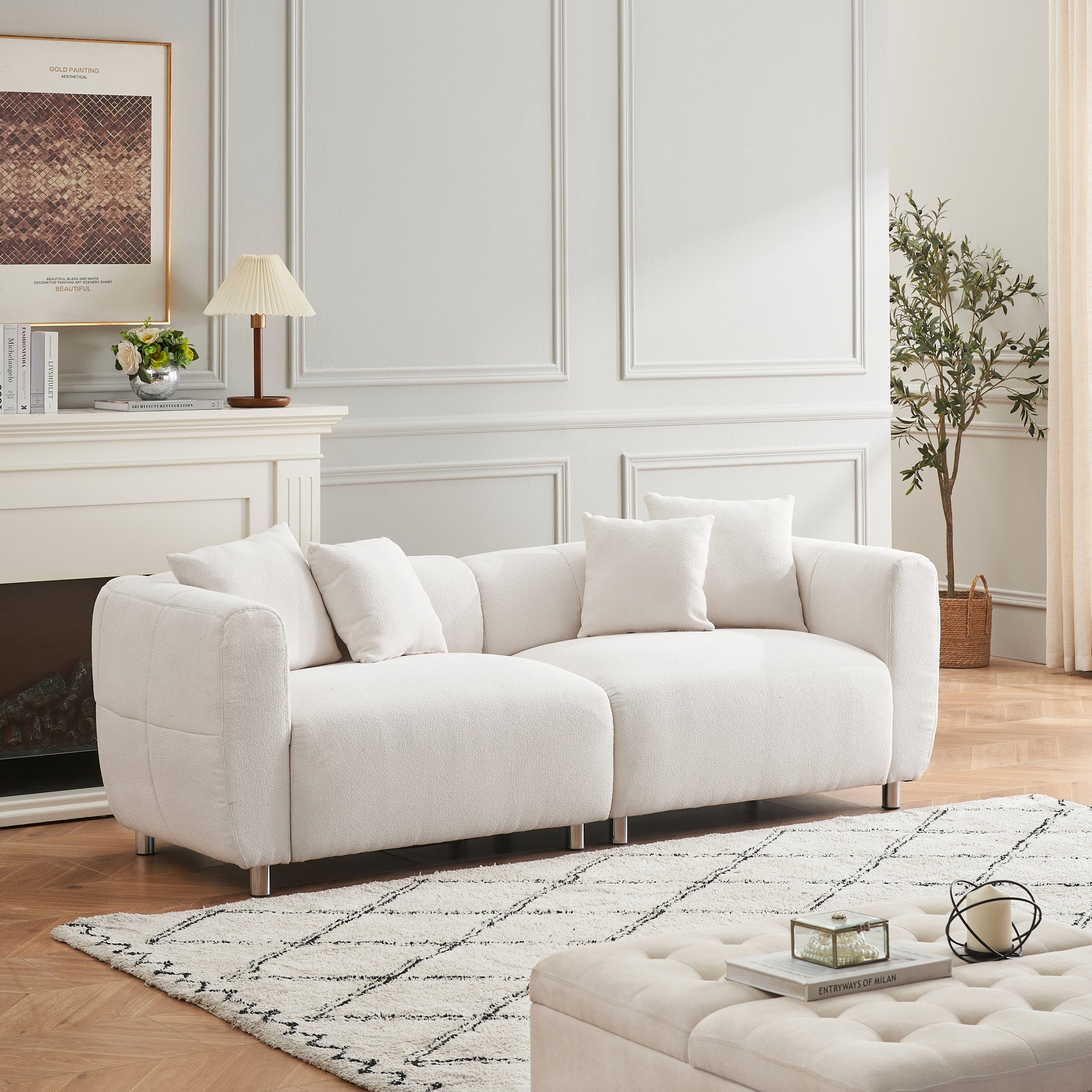 89 Inch Sofa For Living Room, Fashion Sofa With Metal Legs, 3 Seater Sofa, Solid Wood Frame Couch With 4Pillows, For Apartment Office Living Room White Beige Cotton Linen,Teddy 3 Seat