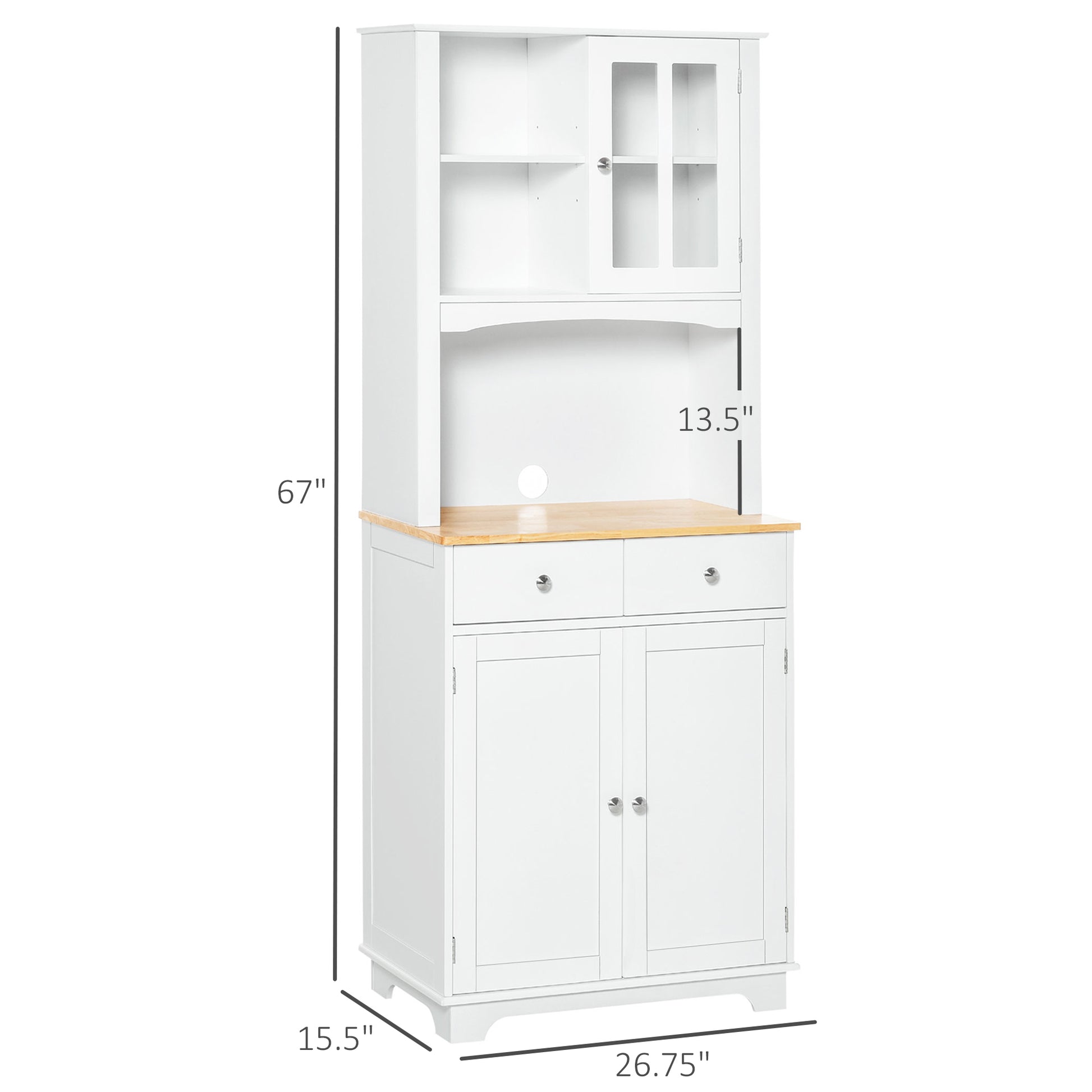 Homcom Freestanding 67" Kitchen Buffet With Hutch, Pantry Cabinet With Microwave Stand, Adjustable Shelf, 2 Drawers, Cupboard, White White Mdf