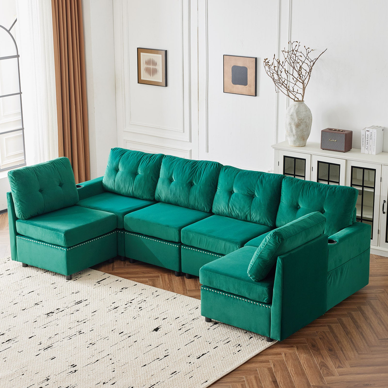 Velvet Modular Combination Sofa With Storage, Living Room Combination Sleeper Sofa Green Green Wood Primary Living Space Cushion Back Extra Heavy Duty Modern Foam Velvet 6 Seat