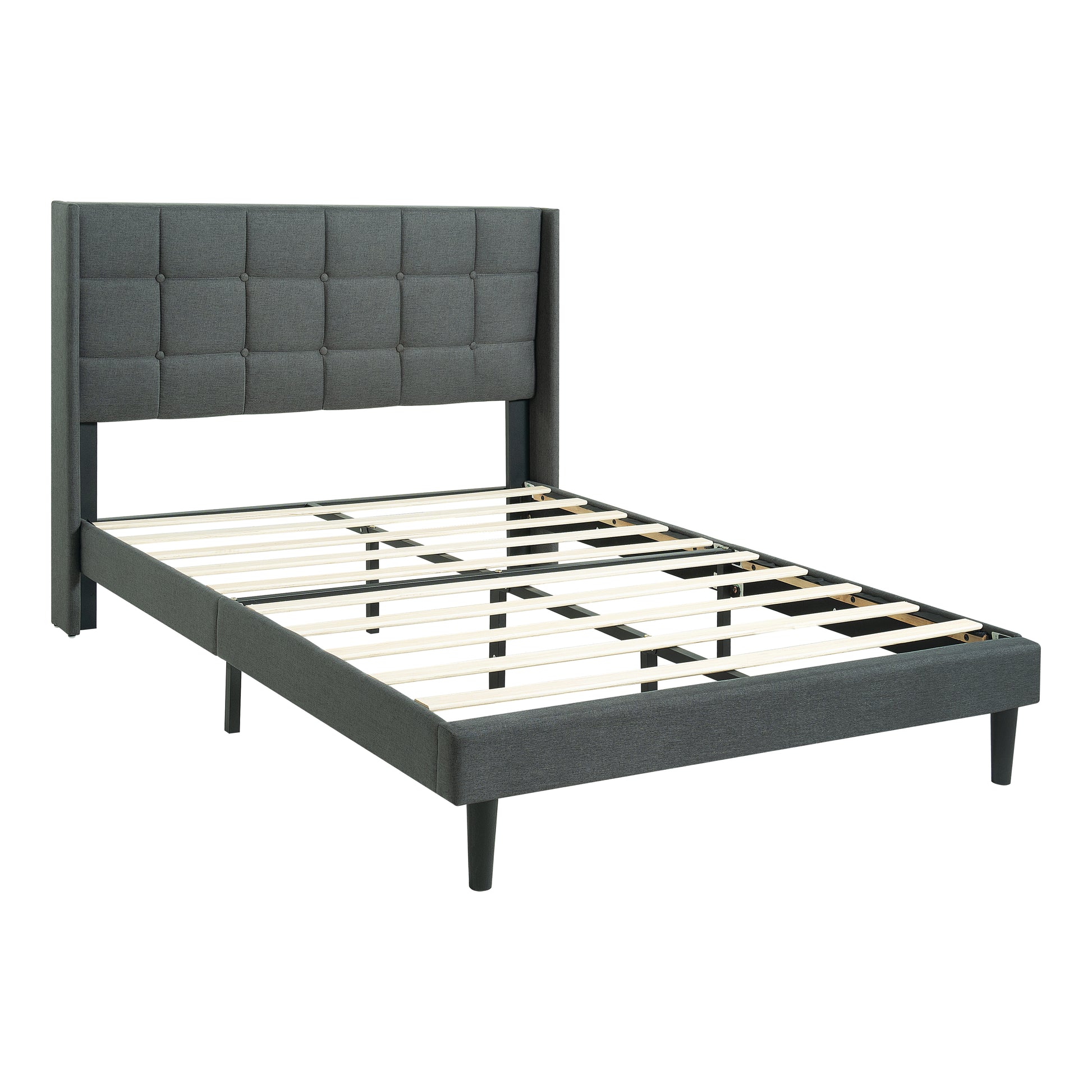 Queen Size Upholstered Platform Bed Frame With Modern Button Tufted Linen Fabric Headboard, No Box Spring Needed, Wood Slat Support, Easy Assembly, Drak Grey Queen Dark Grey Linen