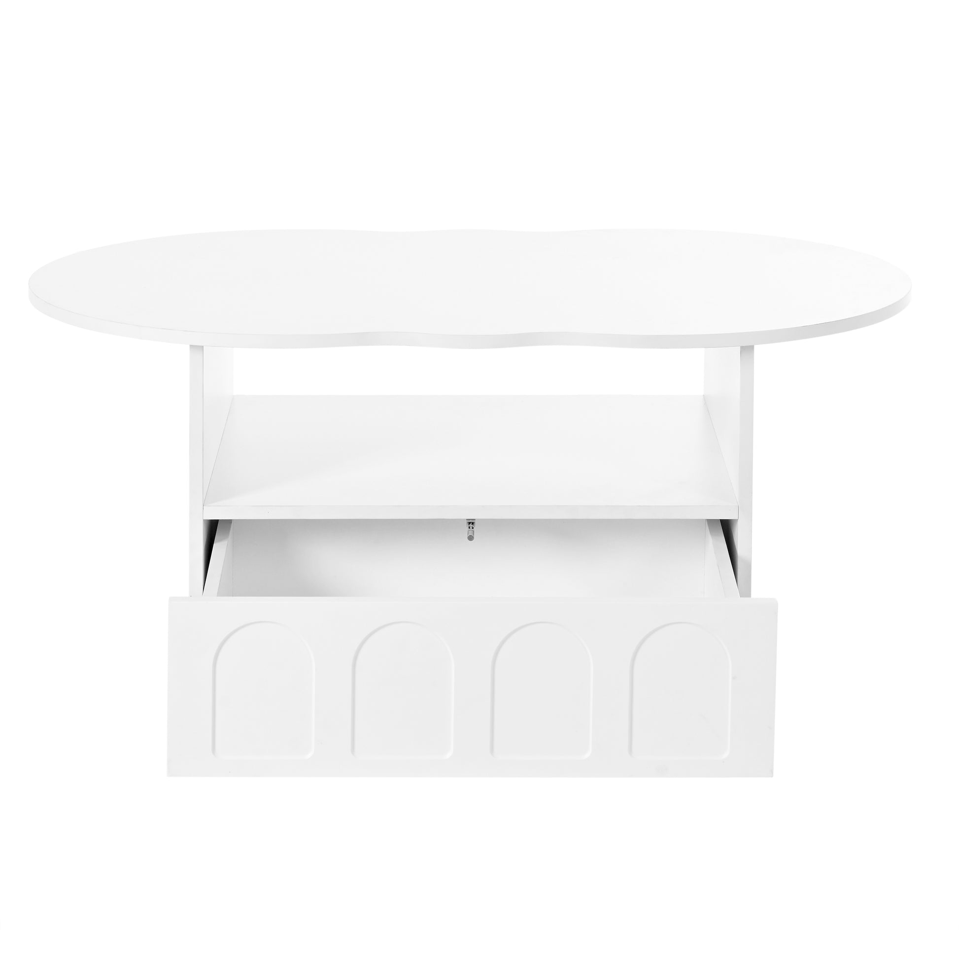 Flexible Cream Style Coffee Table With 2 Brake Wheels, Cloud Top Side Table With Drawer, Irregular Center Table With Large Storage For Living Room, White, 39.37''X 23.6'' White Particle Board