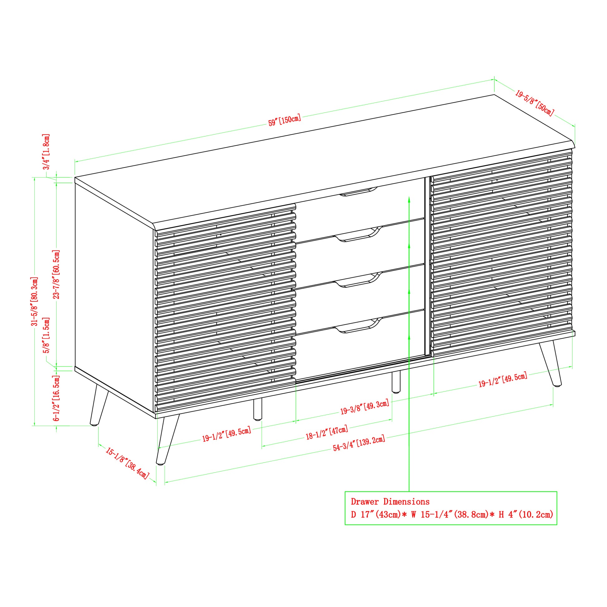 Contemporary Sliding Slat Door Sideboard Ebony Slate Grey Ebony Mdf