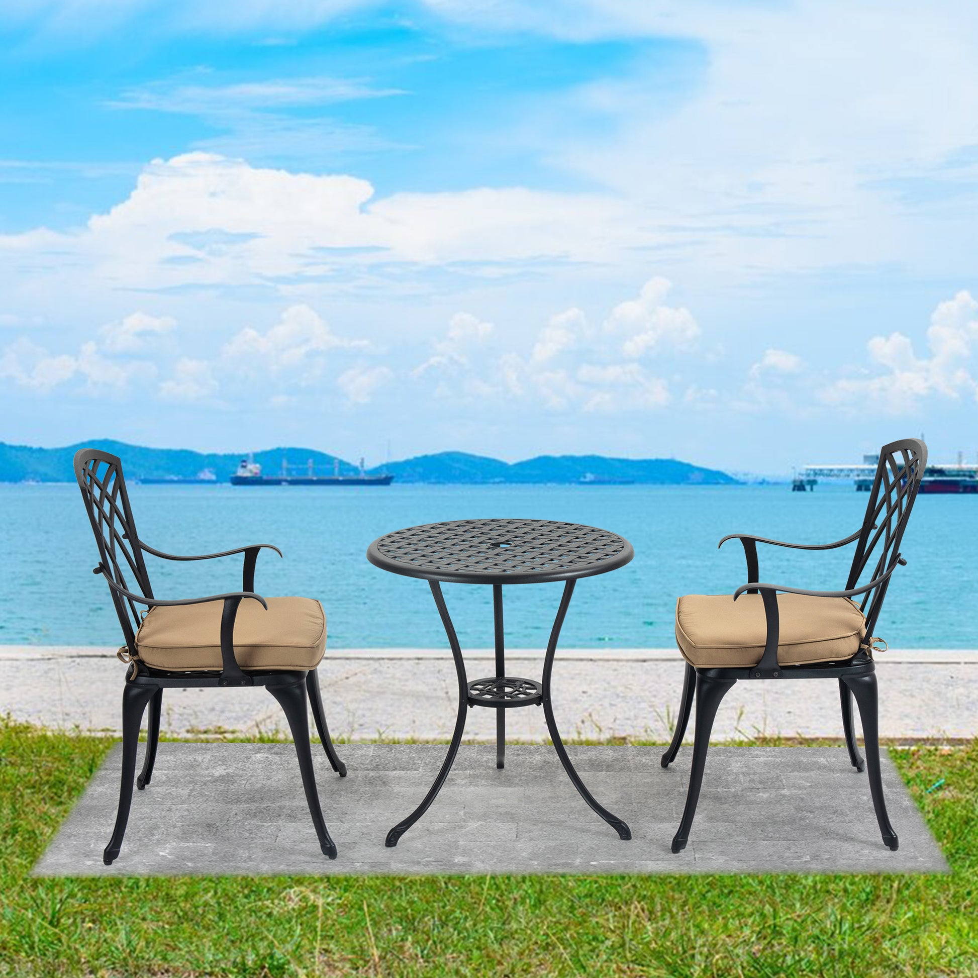 3 Piece Bistro Table Set Cast Aluminum Outdoor Patio Furniture With Umbrella Hole And Grey Cushions For Patio Balcony, Black Black Aluminium