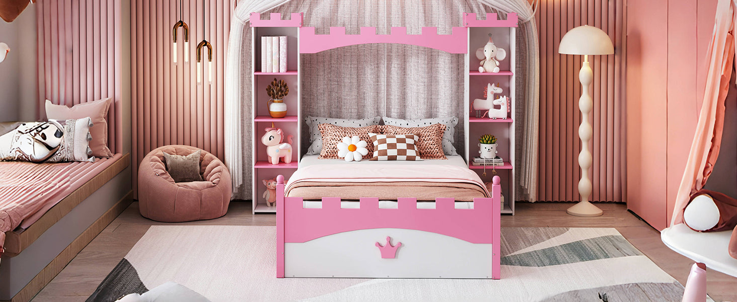 Castle Shaped Wooden Bed With Storage Shelf, Dreamy Twin Size Platform Bed For Kids Bedroom, White Pink Expected Arrival Time:8.14 Twin White Pink Wood