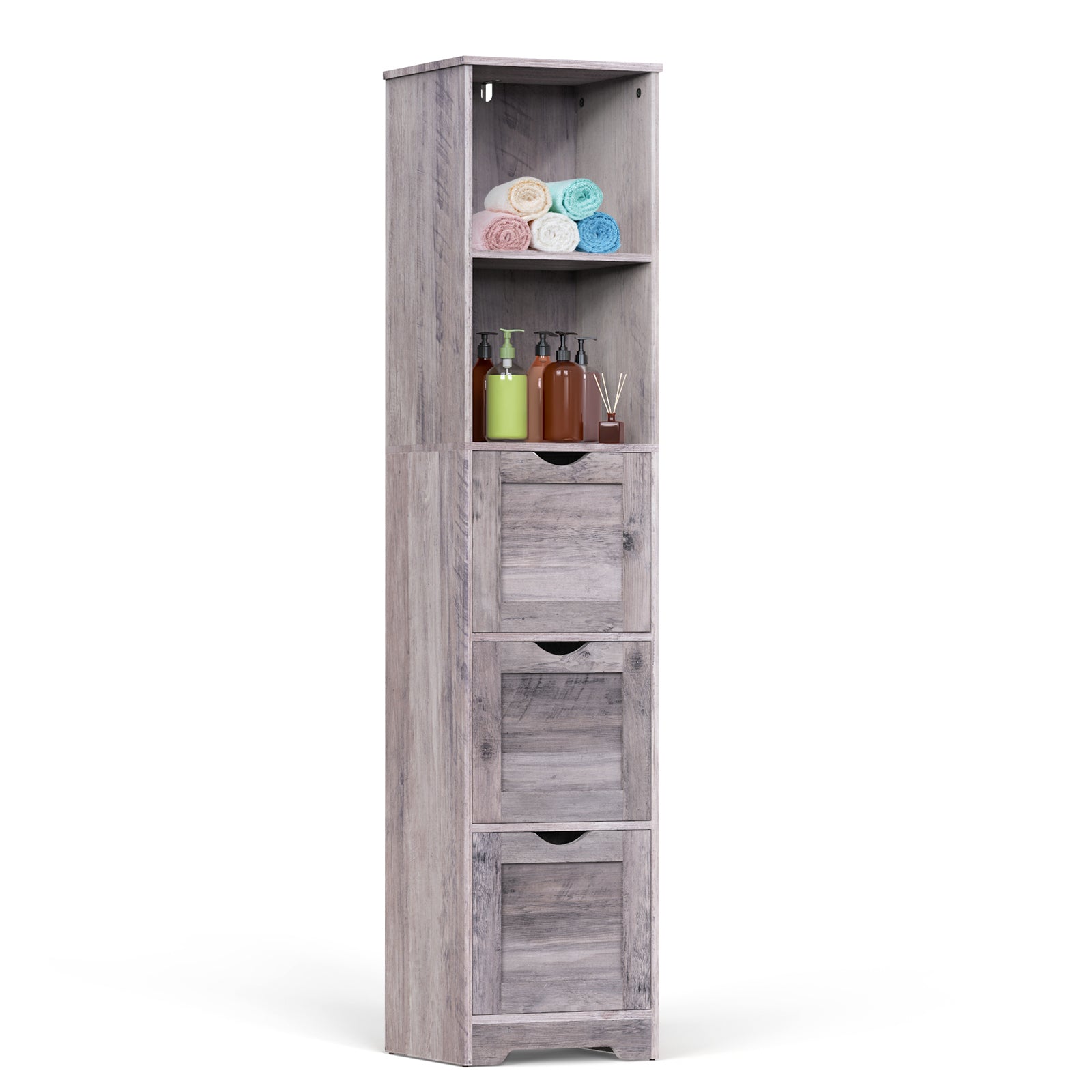 Bathroom Floor Cabinet With 3 Drawers 2 Shelves, Tall Narrow Bathroom Kitchen Pantry Storage Cabinet With Open Compartment, Living Room Free Standing Storage Organizer,Grey Grey Wood