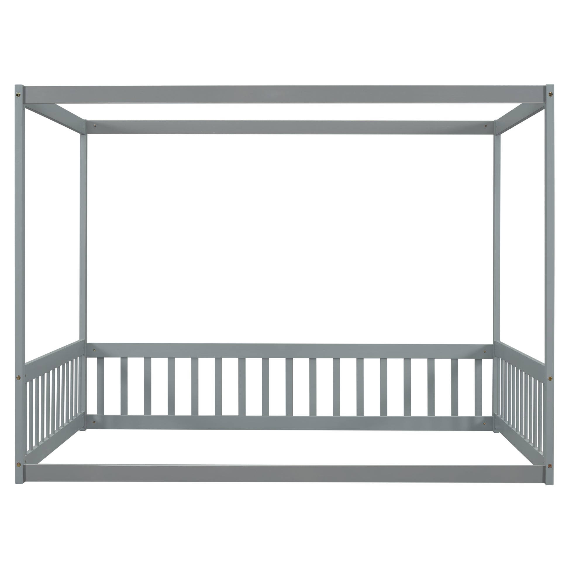 Full Size Canopy Frame Floor Bed With Fence, Guardrails,Grey Full Grey American Design Pine