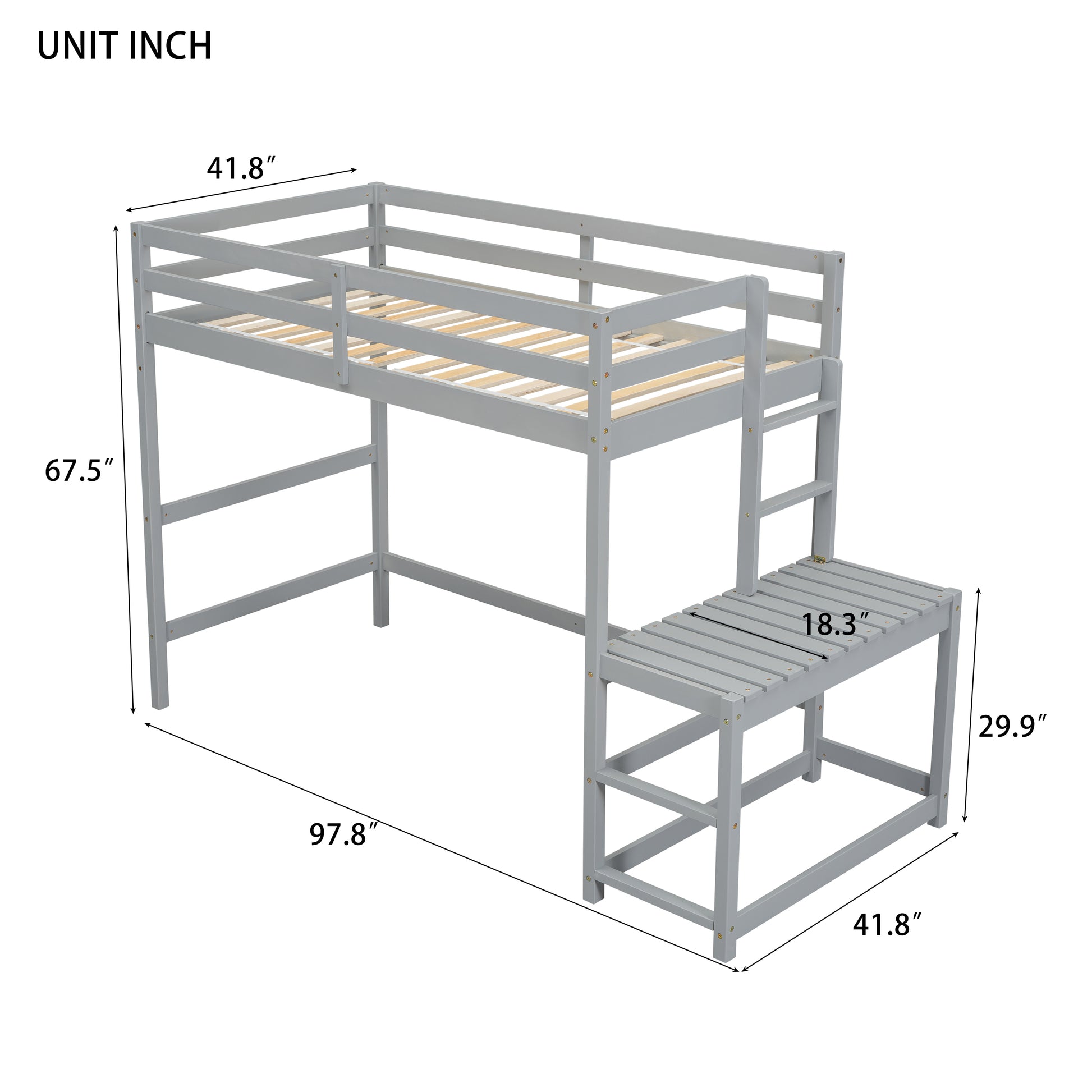 Twin Size High Loft Bed With Ladder Landing Platform, Ladders, Guardrails,Grey Twin Gray Wood Bedroom American Design Pine Bed Frame Pine