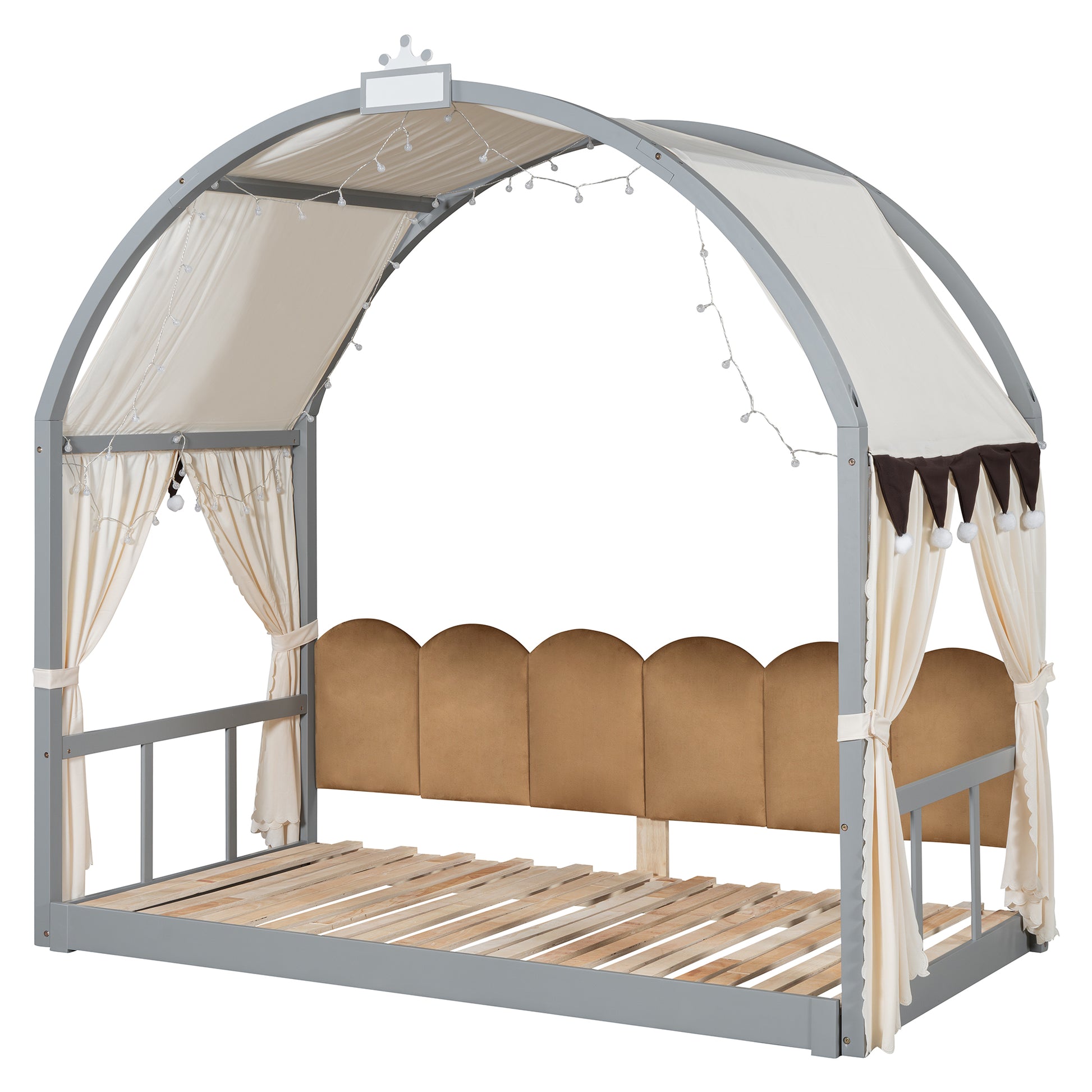 Twin Size Extended Bed With Arched Roof And Trundle, Gray Twin Gray Plywood