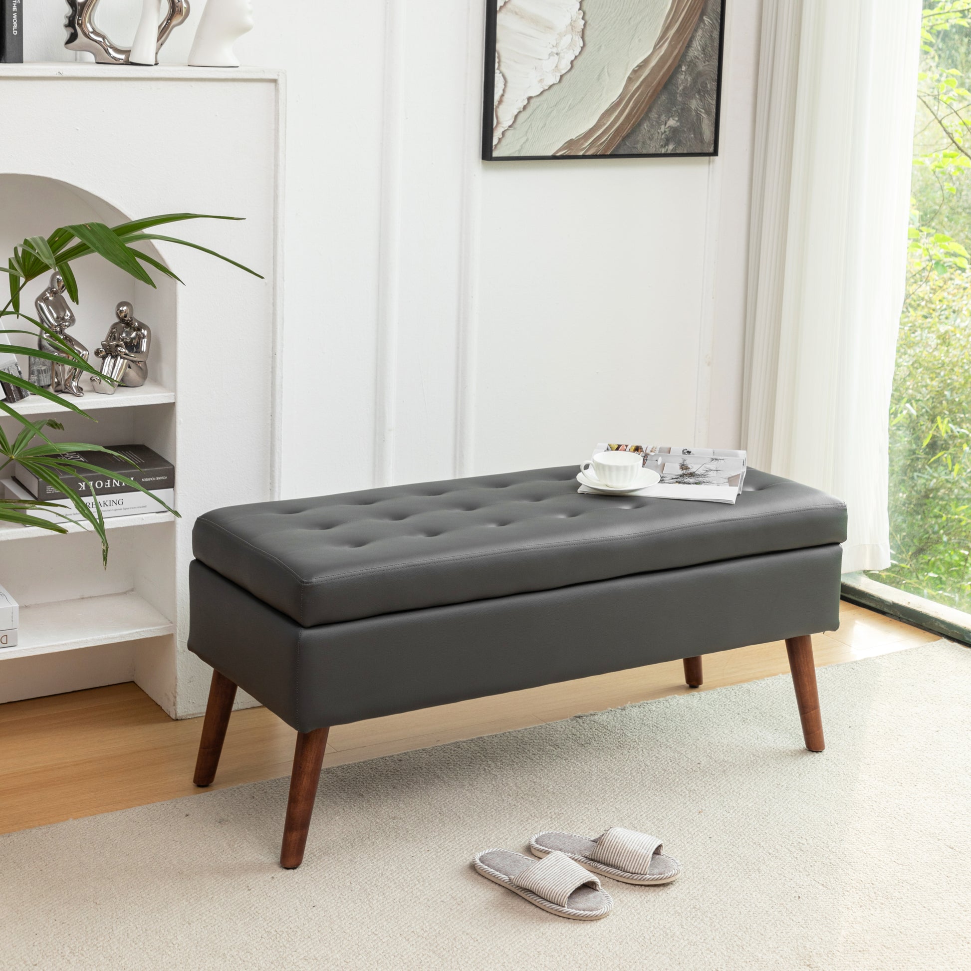 Storage Bench With Storage Bench For Bedroom End Of Bed Bench Foot Of Bed Bench Entryway Bench Storage Ottoman Bench 43.3" W X 17.7" Dark Grey Leather Bench Dark Grey Pu Leather