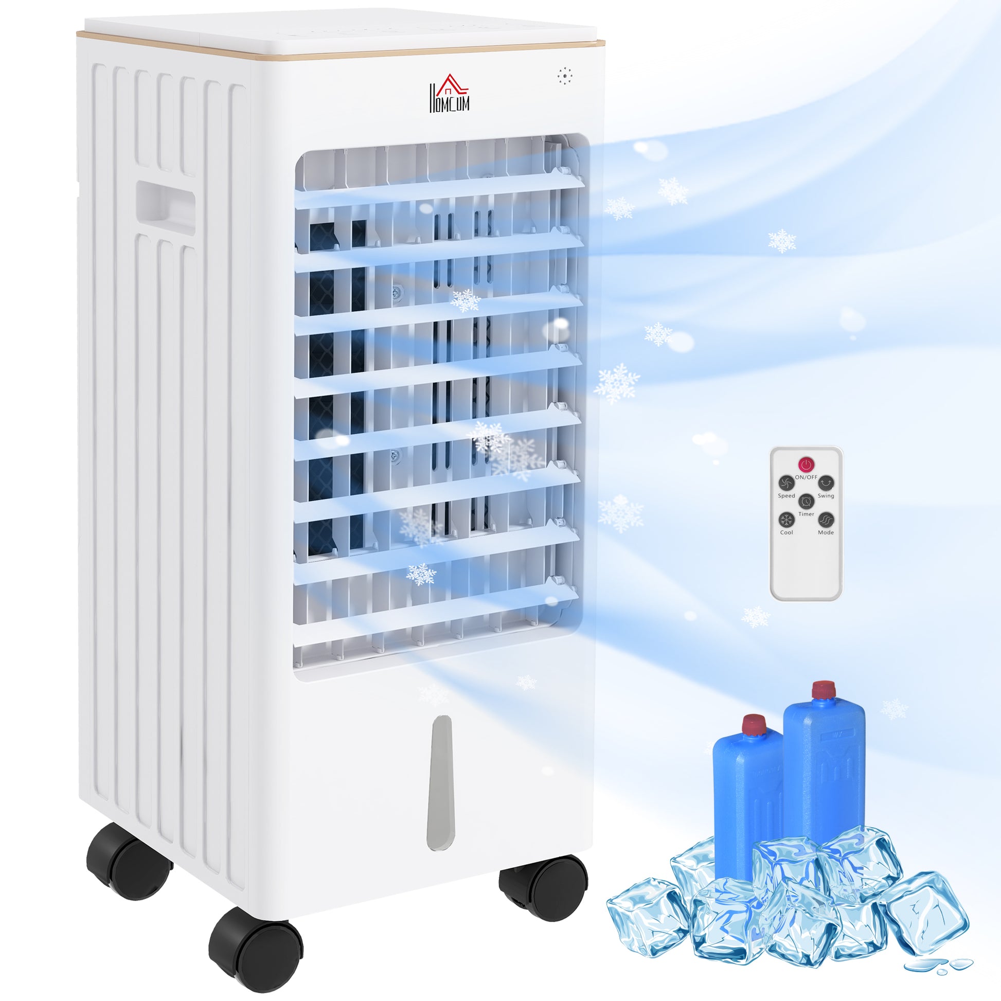 Homcom 21" Evaporative Air Cooler With Ice Packs, 3 In 1 Ice Cooling Fan, Portable Swamp Cooler With Water Tank, 7.5H Timer, 60 Oscillating, Remote, For Home Office Bedroom, White White Abs