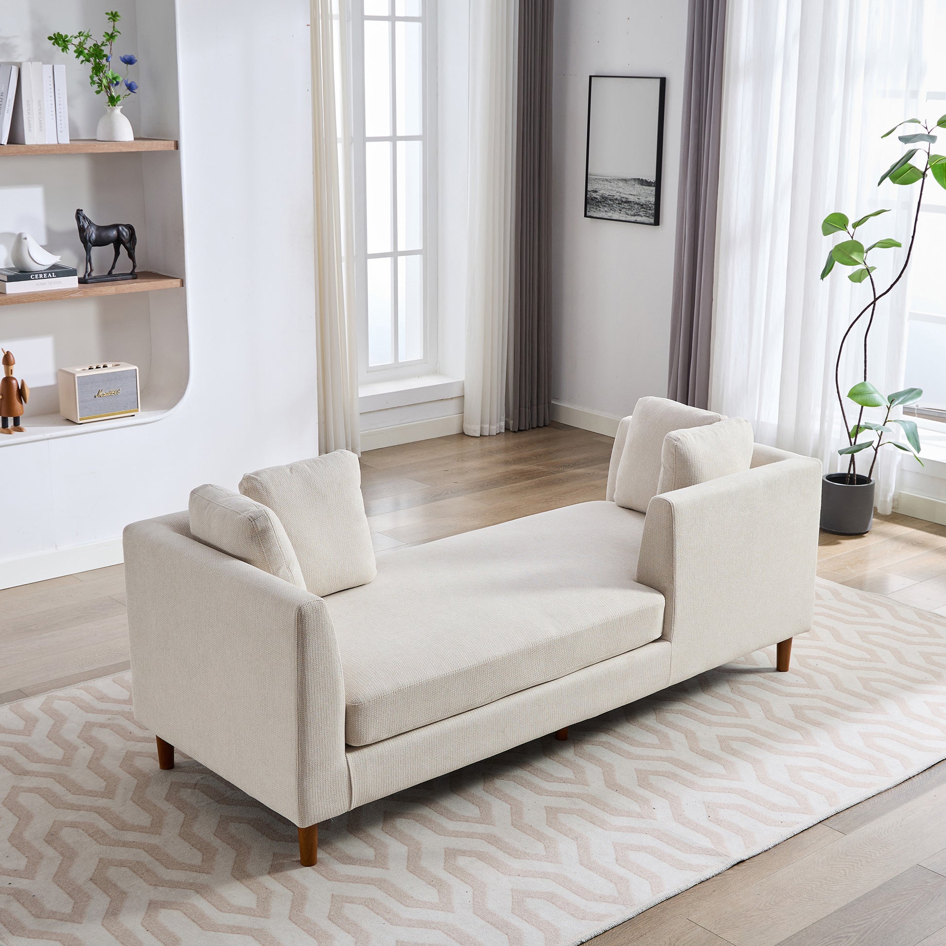 77.95'' Wide Modern Double Sided Upholstered Chaise Lounge Indoor,Chenille Fabric Sleeper Sofa Couch With 4 Throw Pillows, Daybed With Rubberwood Legs For Living Room, Bedroom, Apartment,Beige Beige