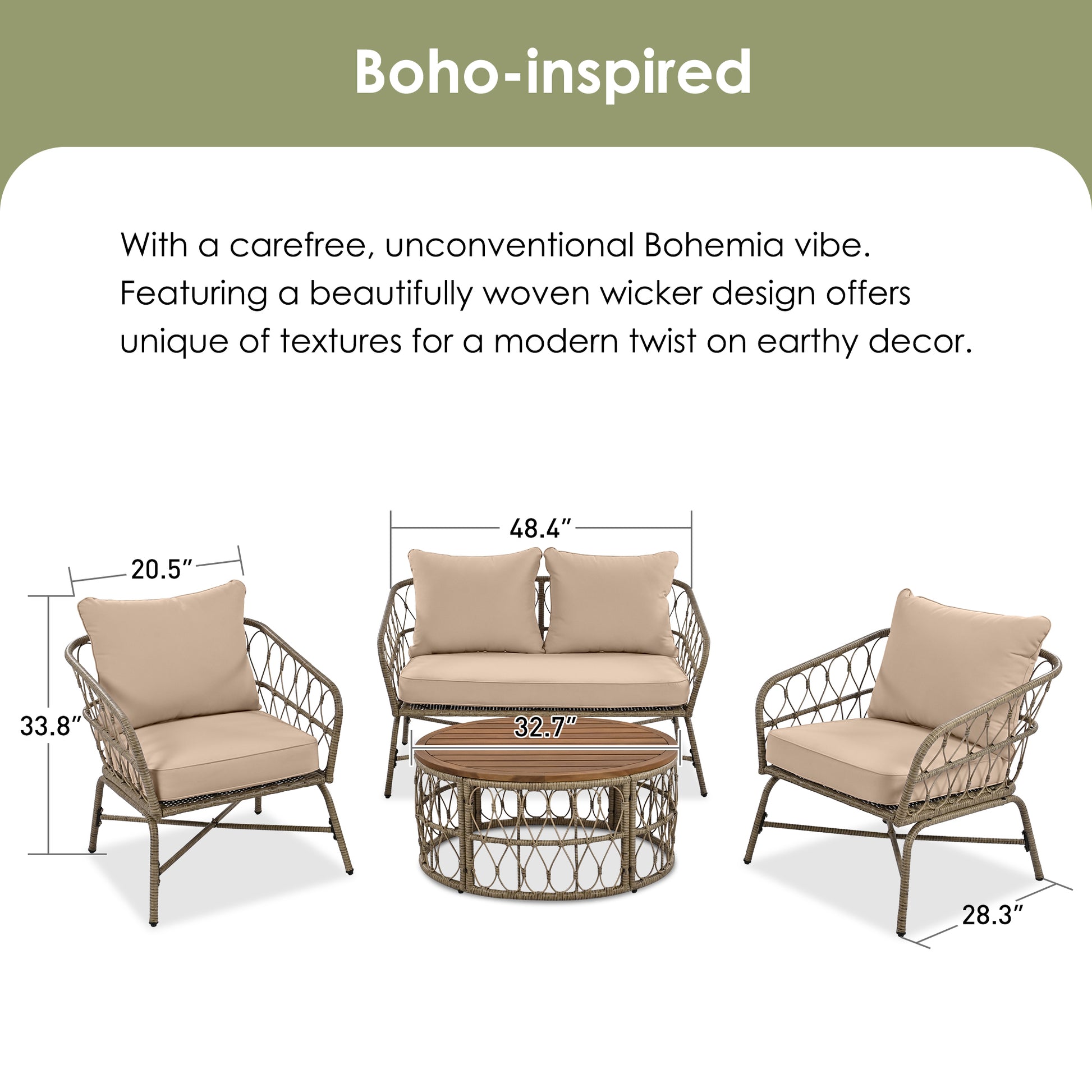 Bohemia Inspired 4 Person Outdoor Seating Group With Removable Cushions, Conversation Patio Set With Wood Tabletop, Beige Yes Beige Garden & Outdoor Complete Patio Sets Foam Wicker