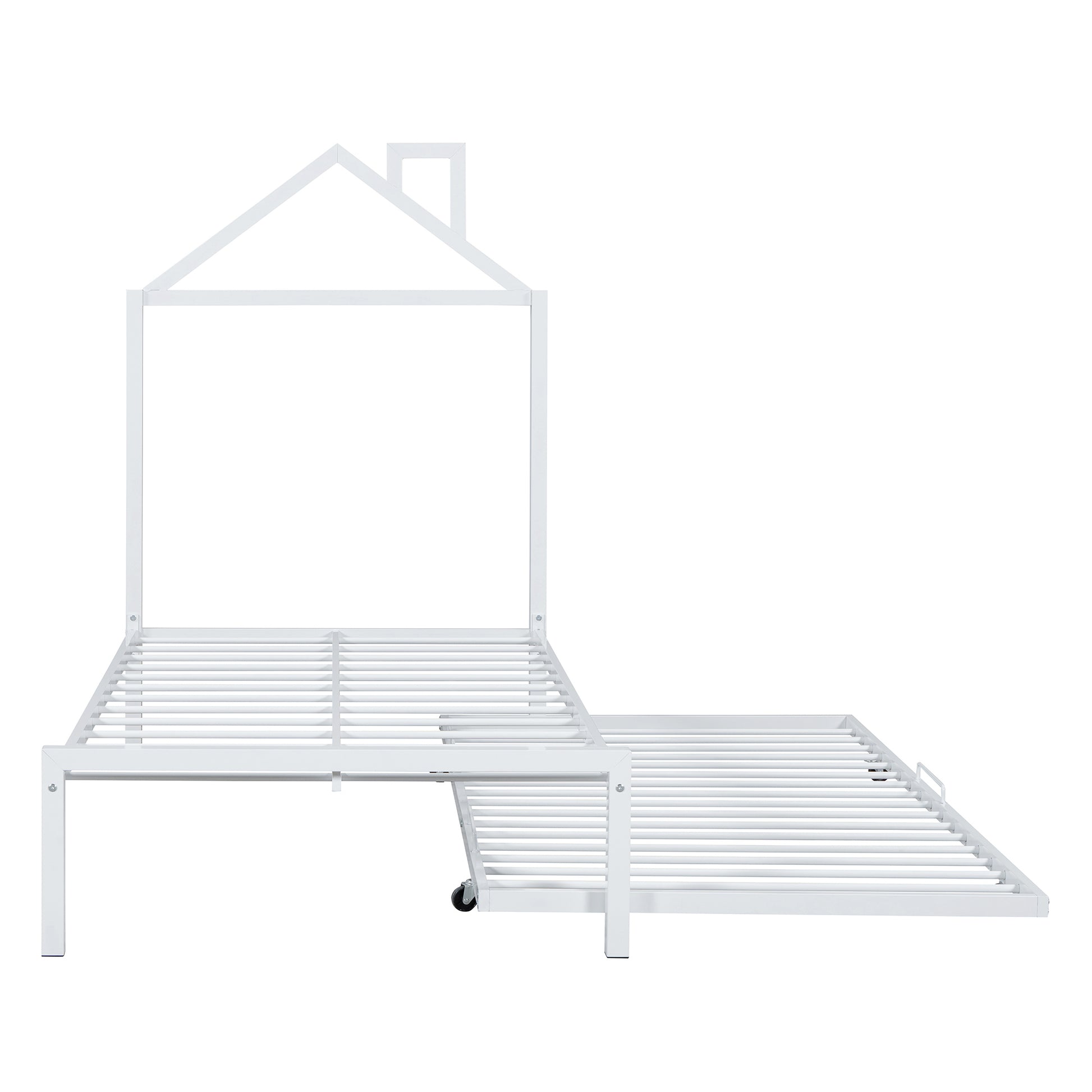 Twin Size Metal Platform Bed With Twin Size Trundle,House Shaped Headboard Design, White Twin White Metal