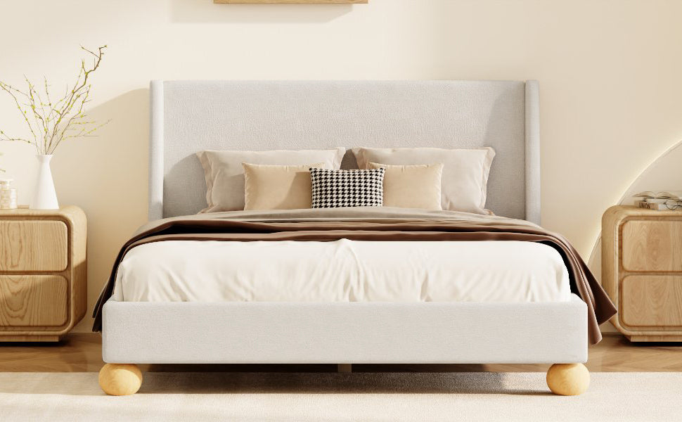 Modern Boucle Upholstered Platform Bed With Wingback Headboard And Round Wooden Legs, Beige,King Size Old Sku:Wf531853Aab Box Spring Not Required King Beige Wood Bedroom Modern Bed Frame Boucle Wood