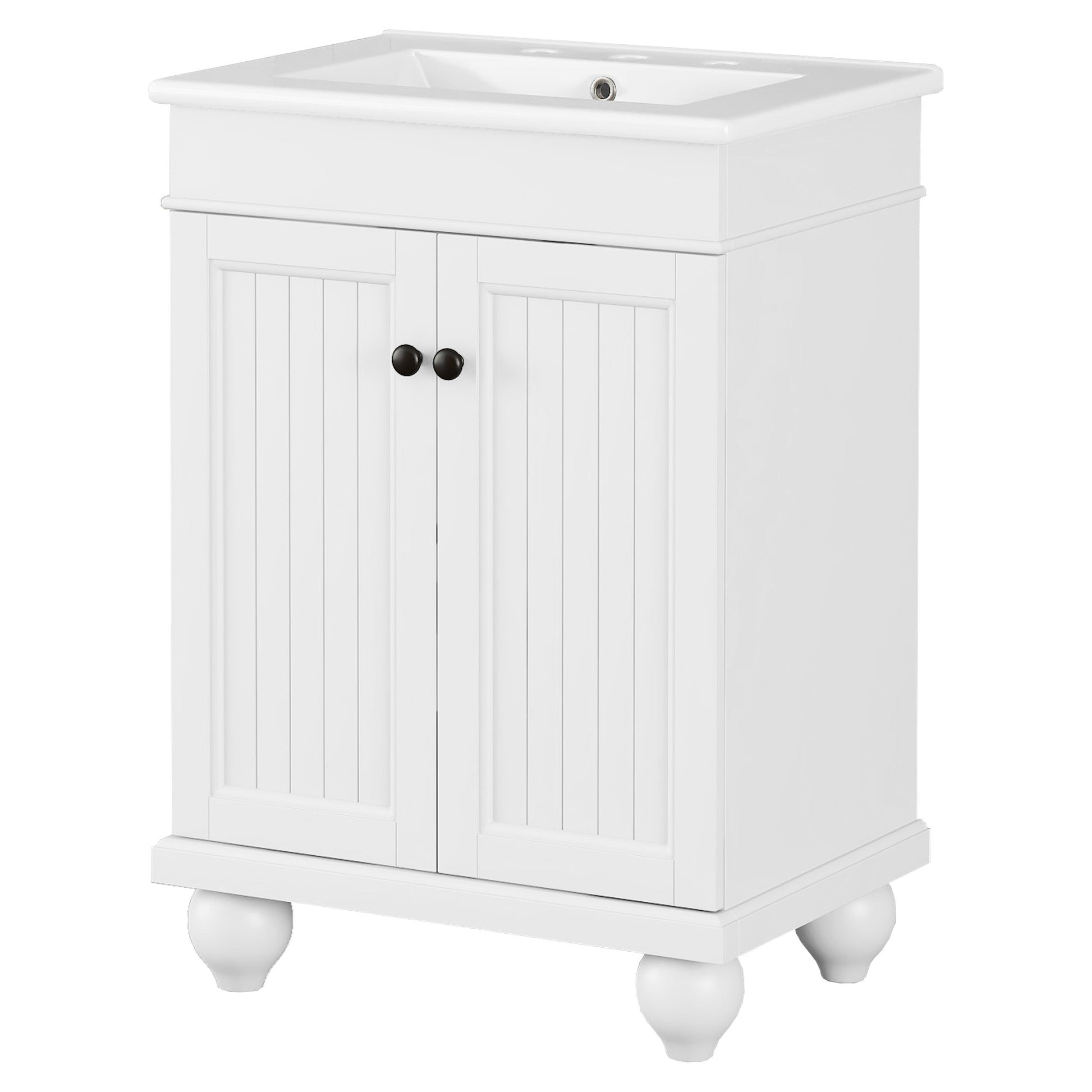 24" White Modern Sleek Bathroom Vanity Elegant Ceramic Sink With Solid Wood Frame, Adjustable Shelf White Solid Wood Mdf