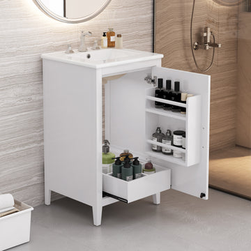 20.3" Bathroom Vanity With Sink, Functional Drawer, Door Shelf, Soft Closing Door, White White Acacia Wood,Ceramic Mdf