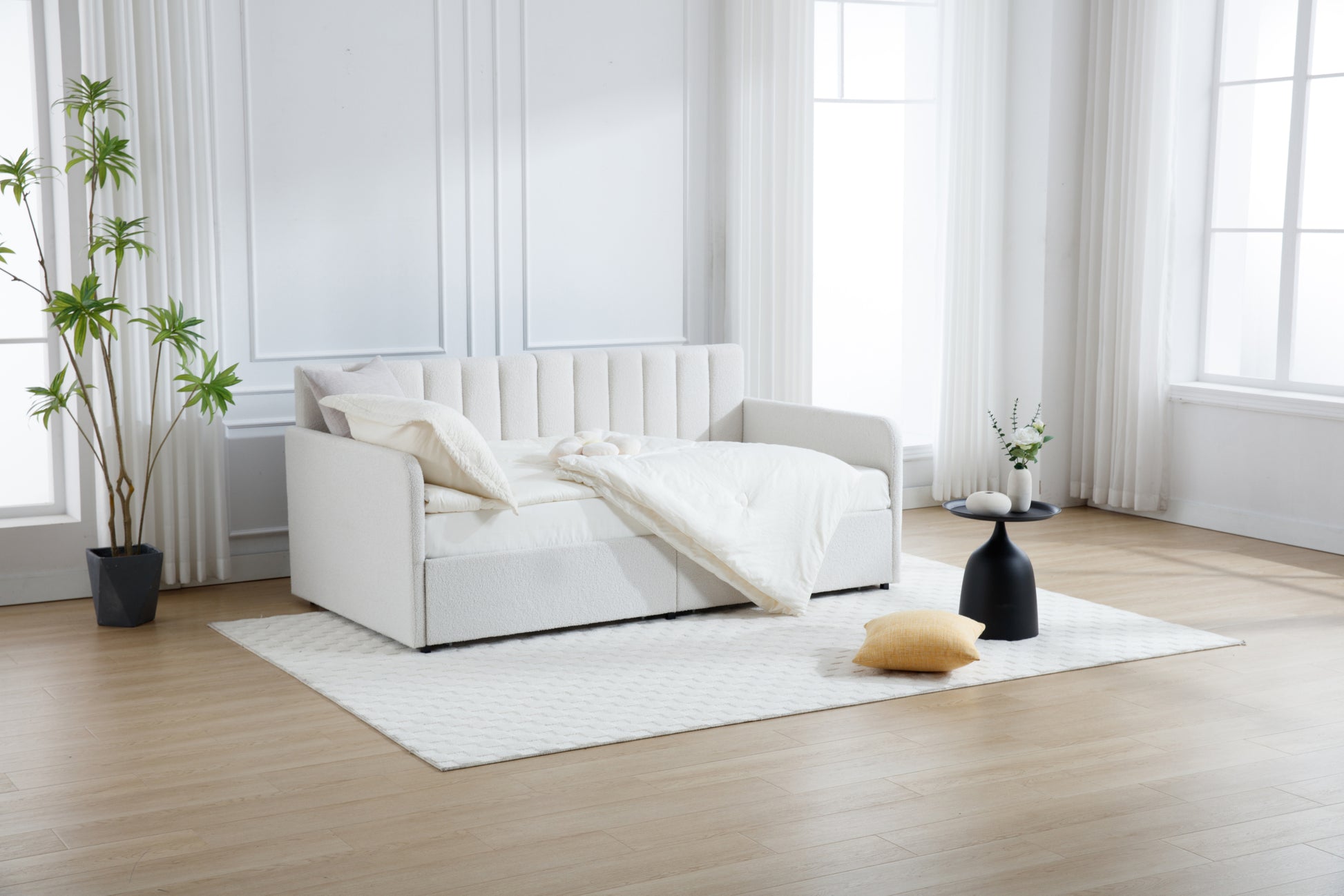 Flora Upholstered Daybed With 2 Drawers, Twin, Ivory Boucle, Ribbed Tufted Backrest, Daybed In Lavish Modern Design Box Spring Not Required Twin Ivory Metal Bedroom Classic,Contemporary,Minimalist,Traditional,Transitional Upholstered Upholstered