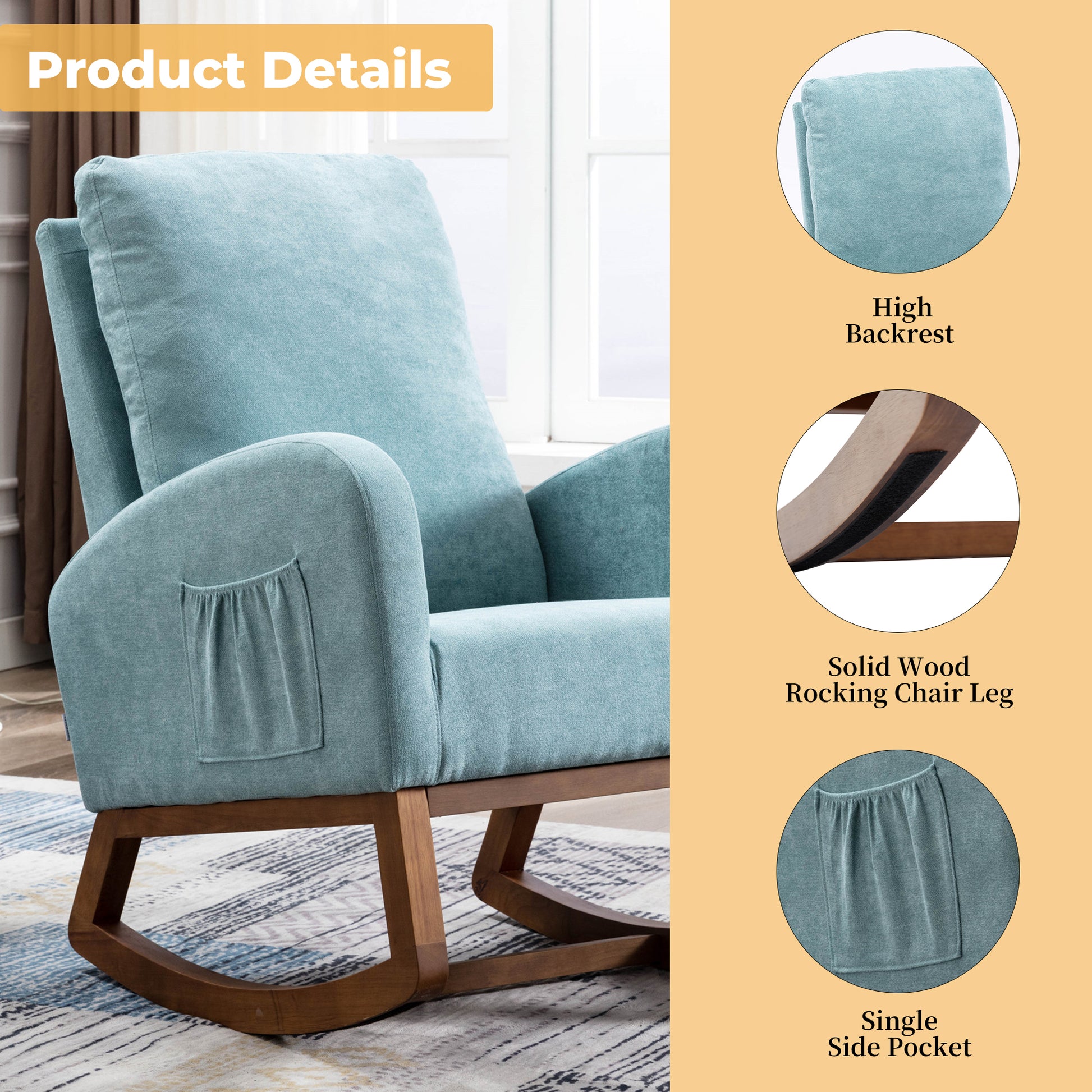 Coolmore Rocking Chair, Modern Glider Chair, Recliner Armchair With Wood Legs And Side Pocket, Nursery Rocking Accent Chair With High Back For Living Room Bedroom Light Blue Linen Blue Foam Solid Wood