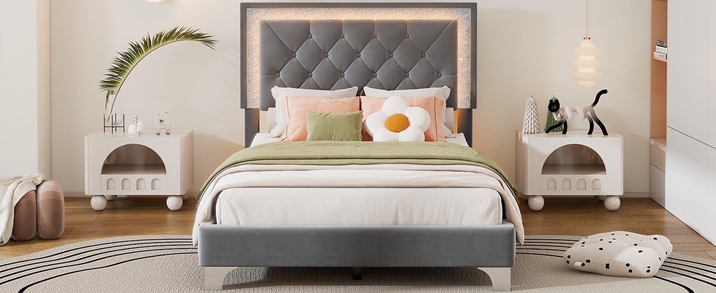 Twin Size Upholstered Bed Frame With Led Lights,Modern Velvet Platform Bed With Tufted Headboard,Grey Twin Grey Velvet