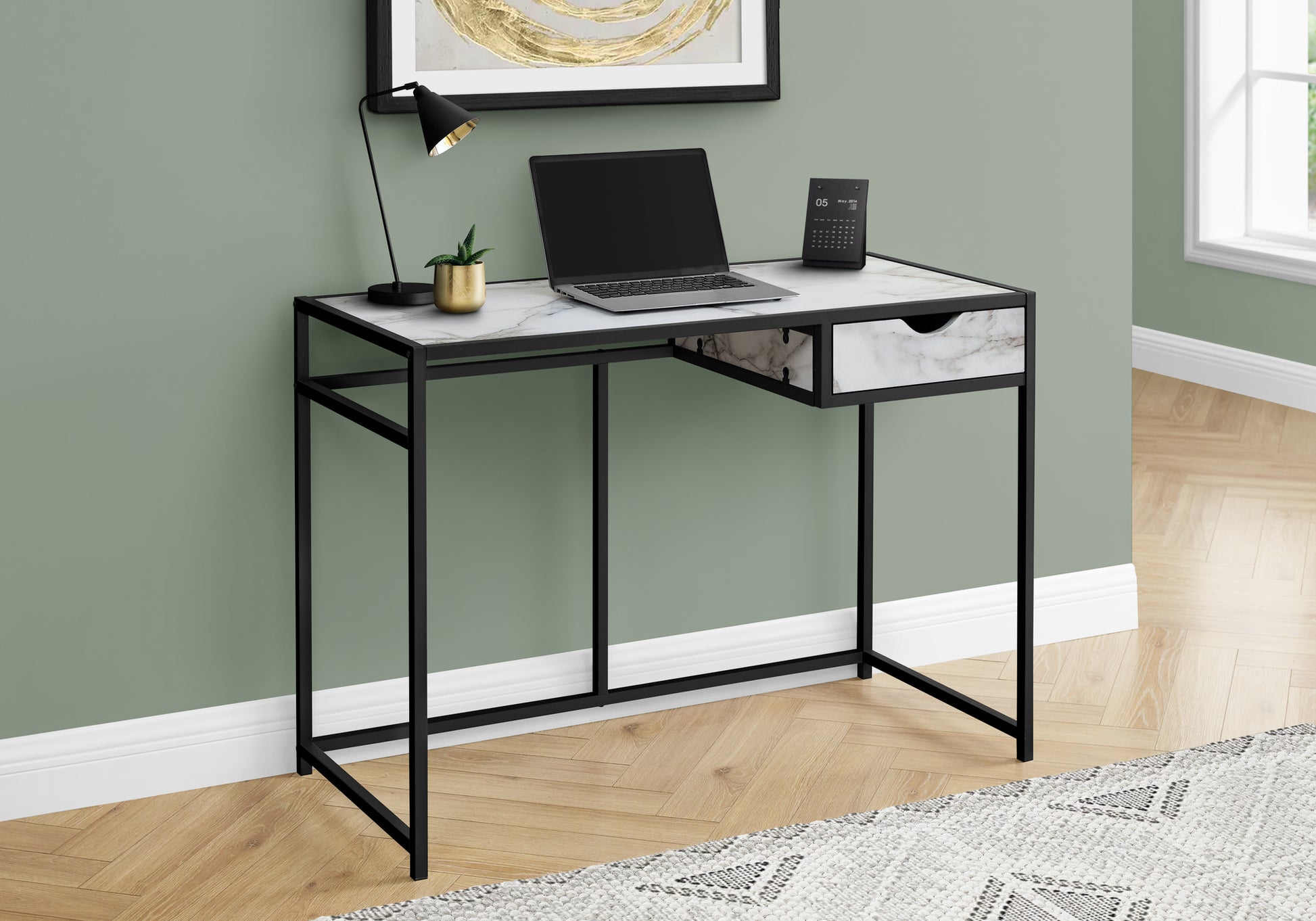 Computer Desk, Home Office, Laptop, Storage Drawer, 42"L, Work, White Marble Look Laminate, Black Metal, Contemporary, Modern White Mdf