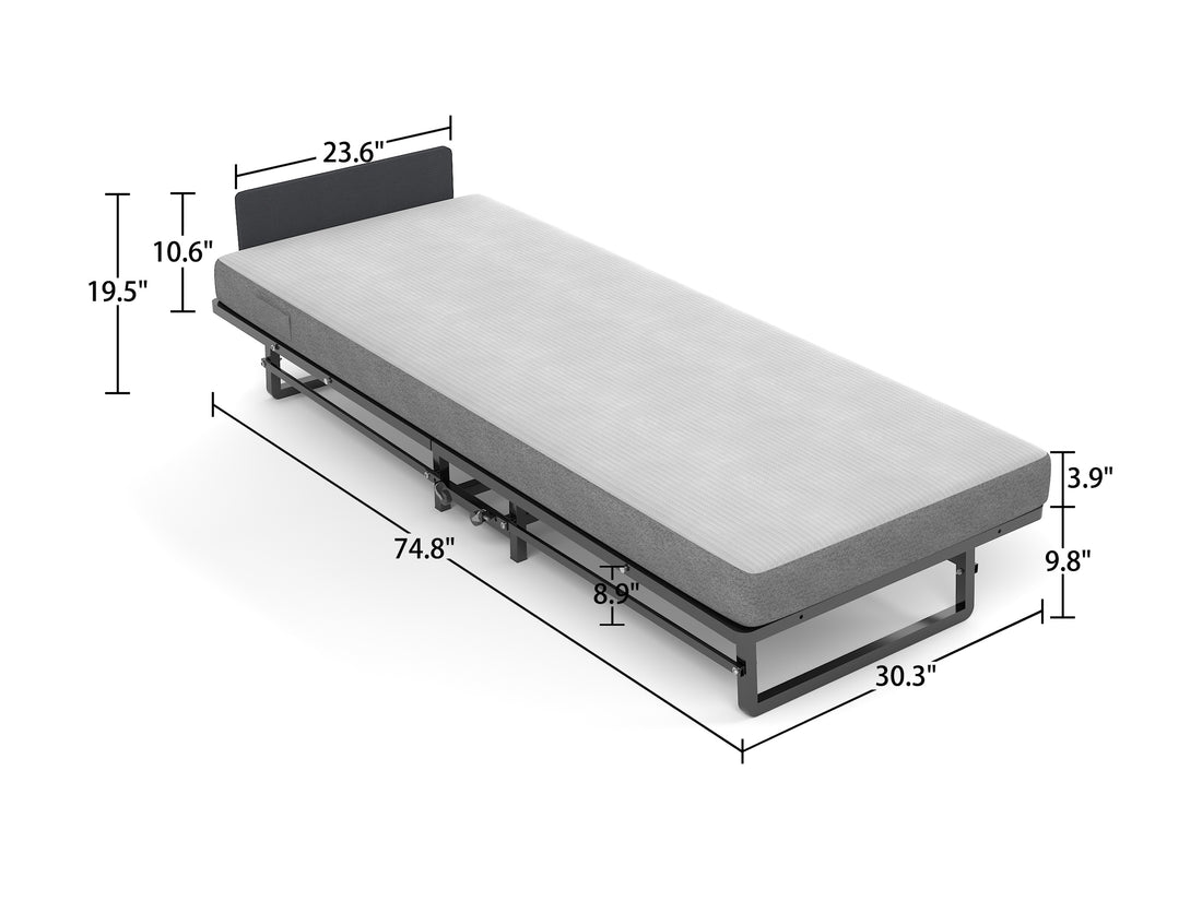 Metal Folding Bed Frame With Foam Mattress Of Pockets, Easy Storage And Movable With 4 Castors Twin Box Spring Not Required Black Metal Bedroom Minimalist,Modern Bed Frame Foam Cotton Foam