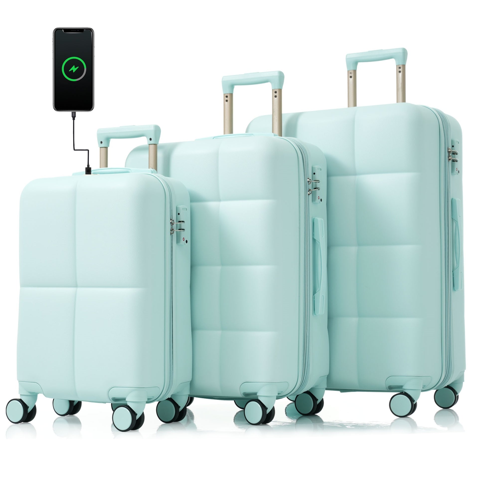 Luggage Set Of 3, 20 Inch With Usb Port, Airline Certified Carry On Luggage With Cup Holder, Abs Hard Shell Luggage With Spinner Wheels, Grey Green Green Abs